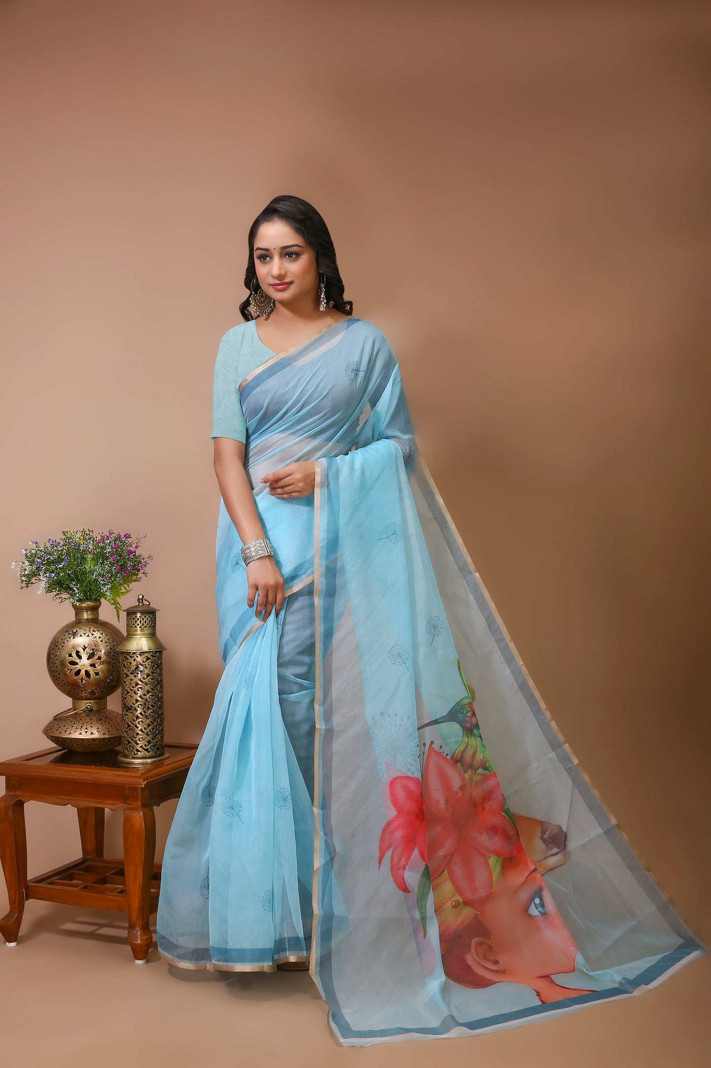 Dori Blue Digital Print Net Saree