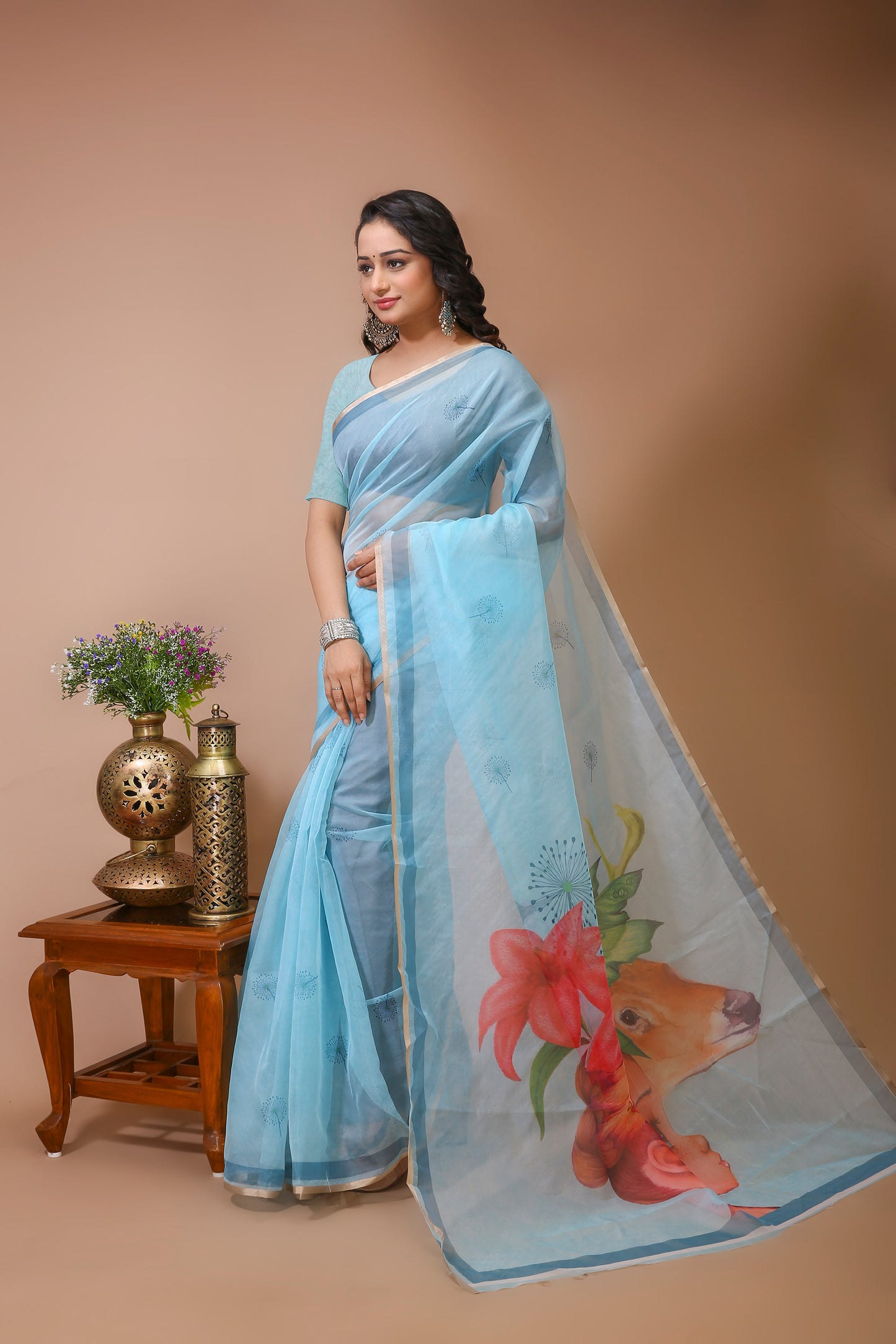 Dori Blue Digital Print Net Saree