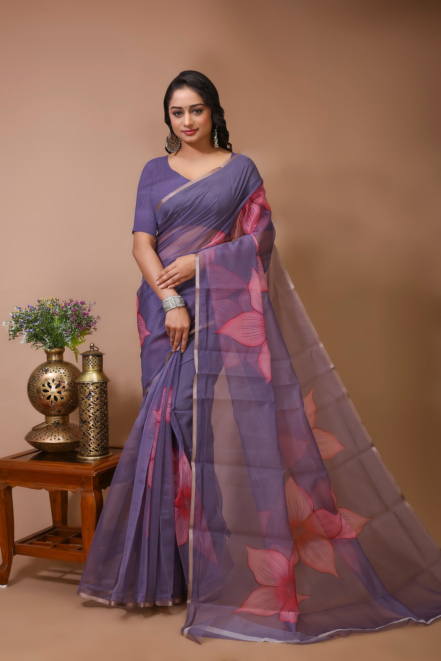 Dori Lilac Digital Print Net Saree