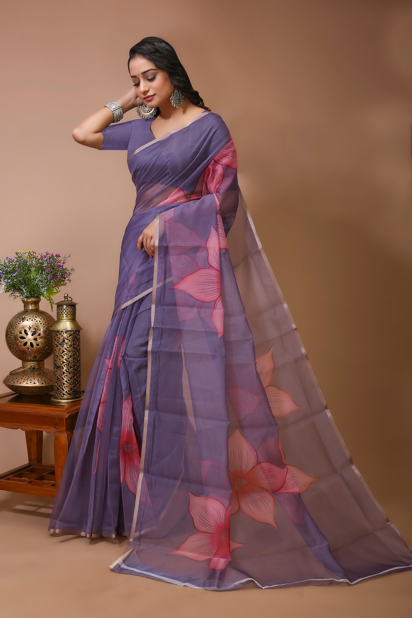 Dori Lilac Digital Print Net Saree