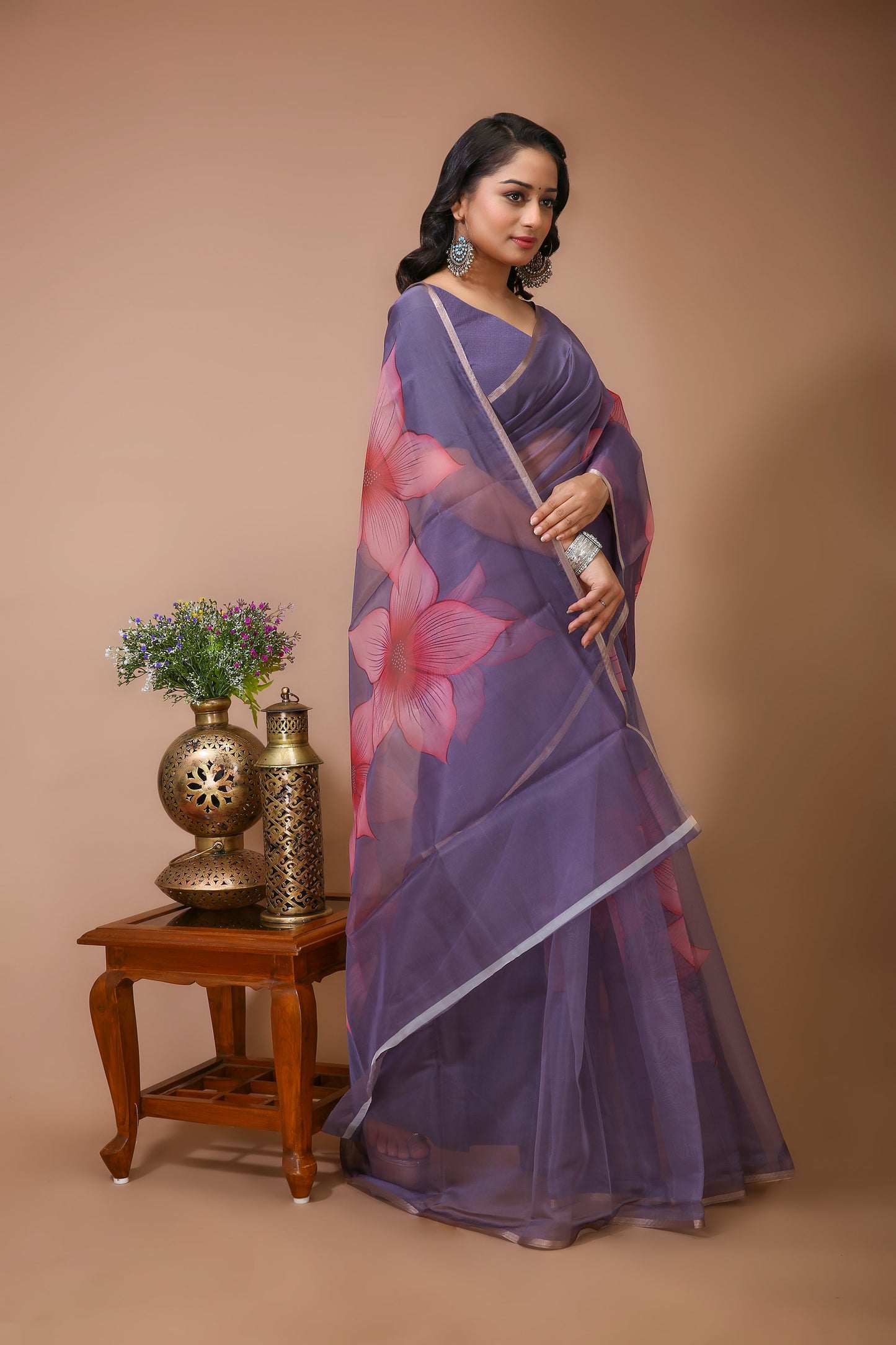 Dori Lilac Digital Print Net Saree