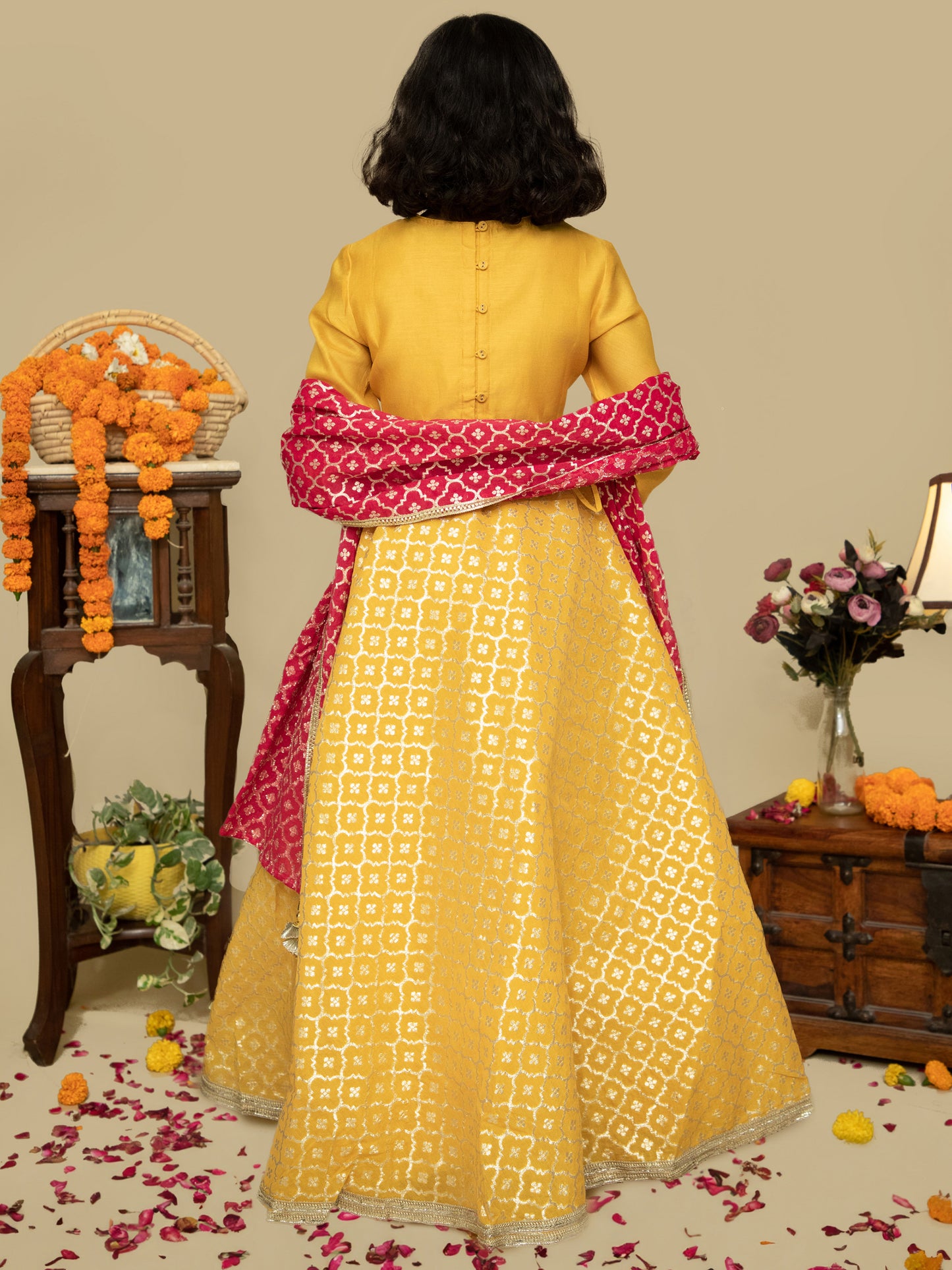 Buti Chanderi cutwork kids lehenga in mustard color