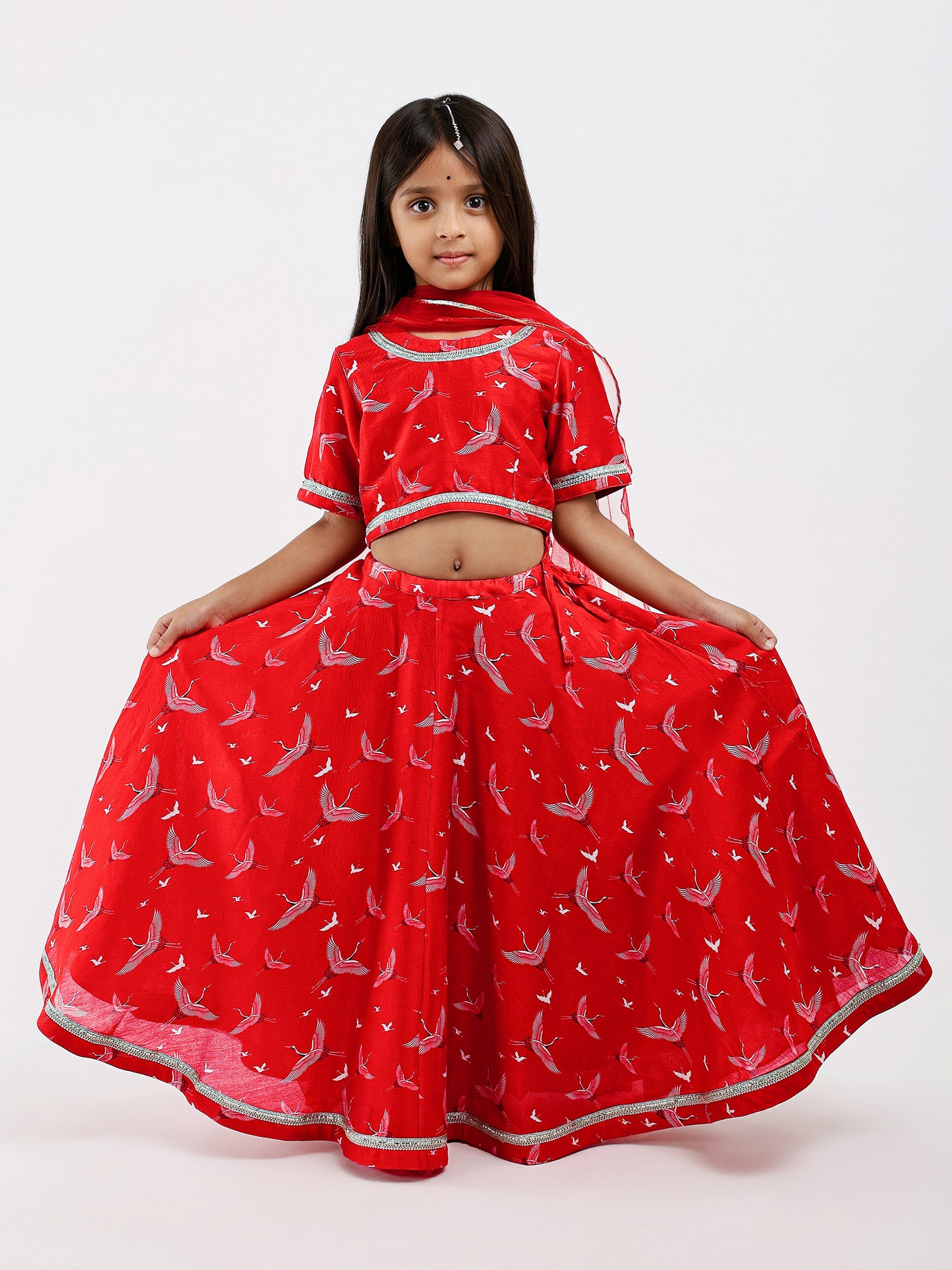 Red Handwoven chanderi Kids Lehenga