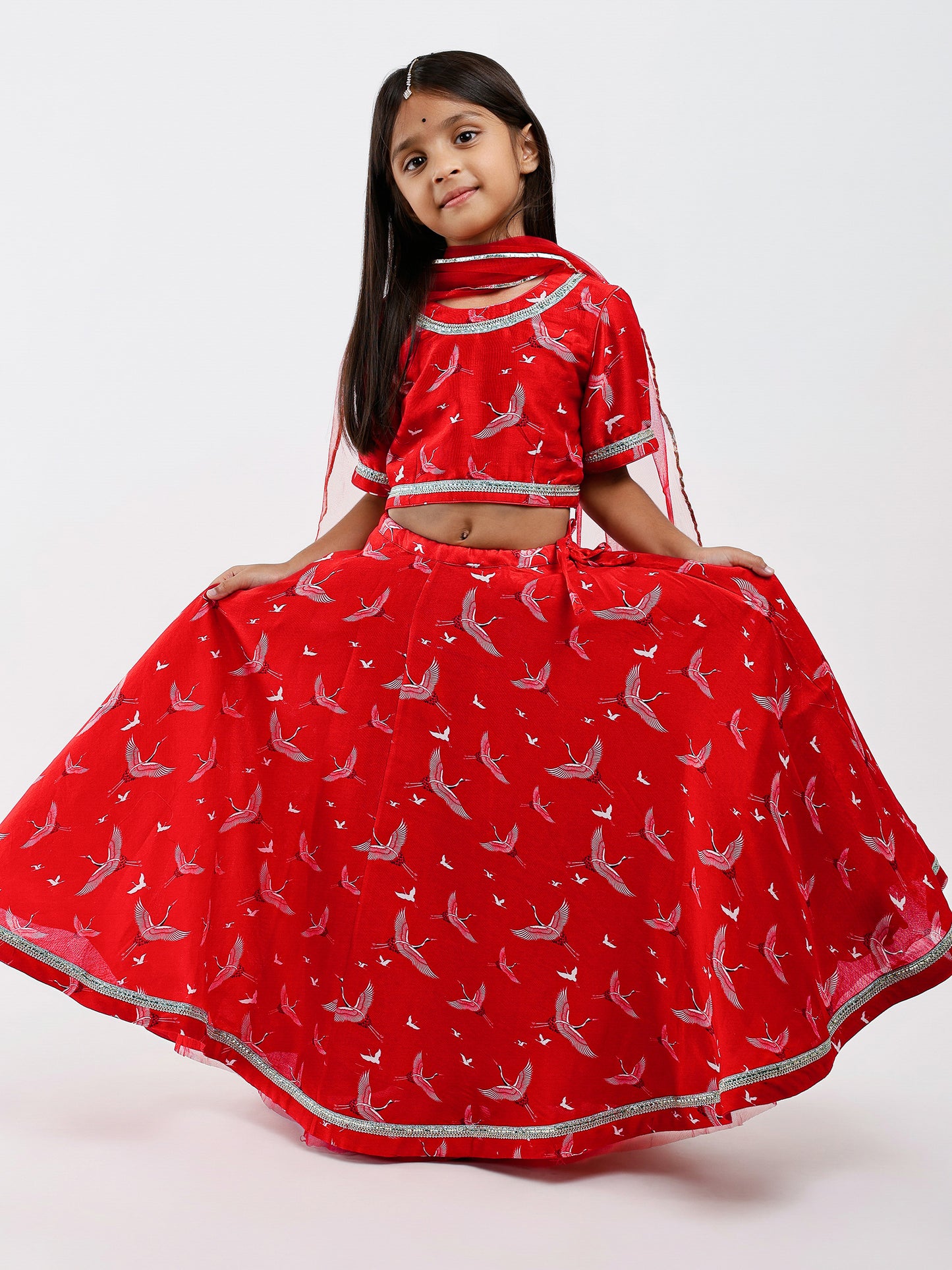 Red Handwoven chanderi Kids Lehenga