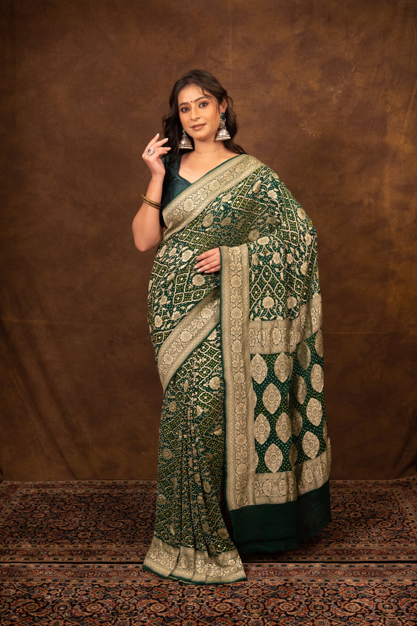 Green Saree Georgette Silk Bandhani - Panaya