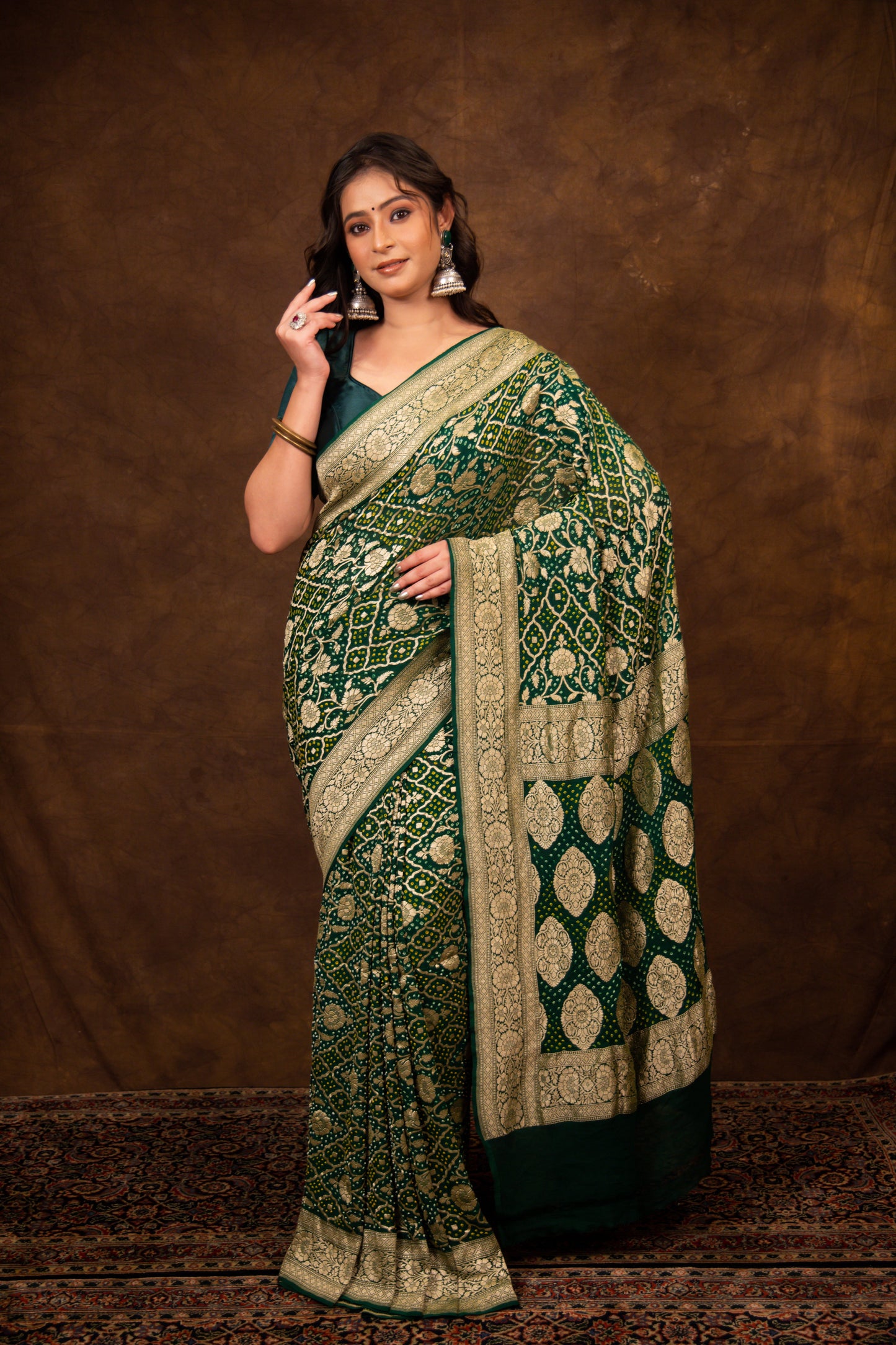 Green Saree Georgette Silk Bandhani - Panaya