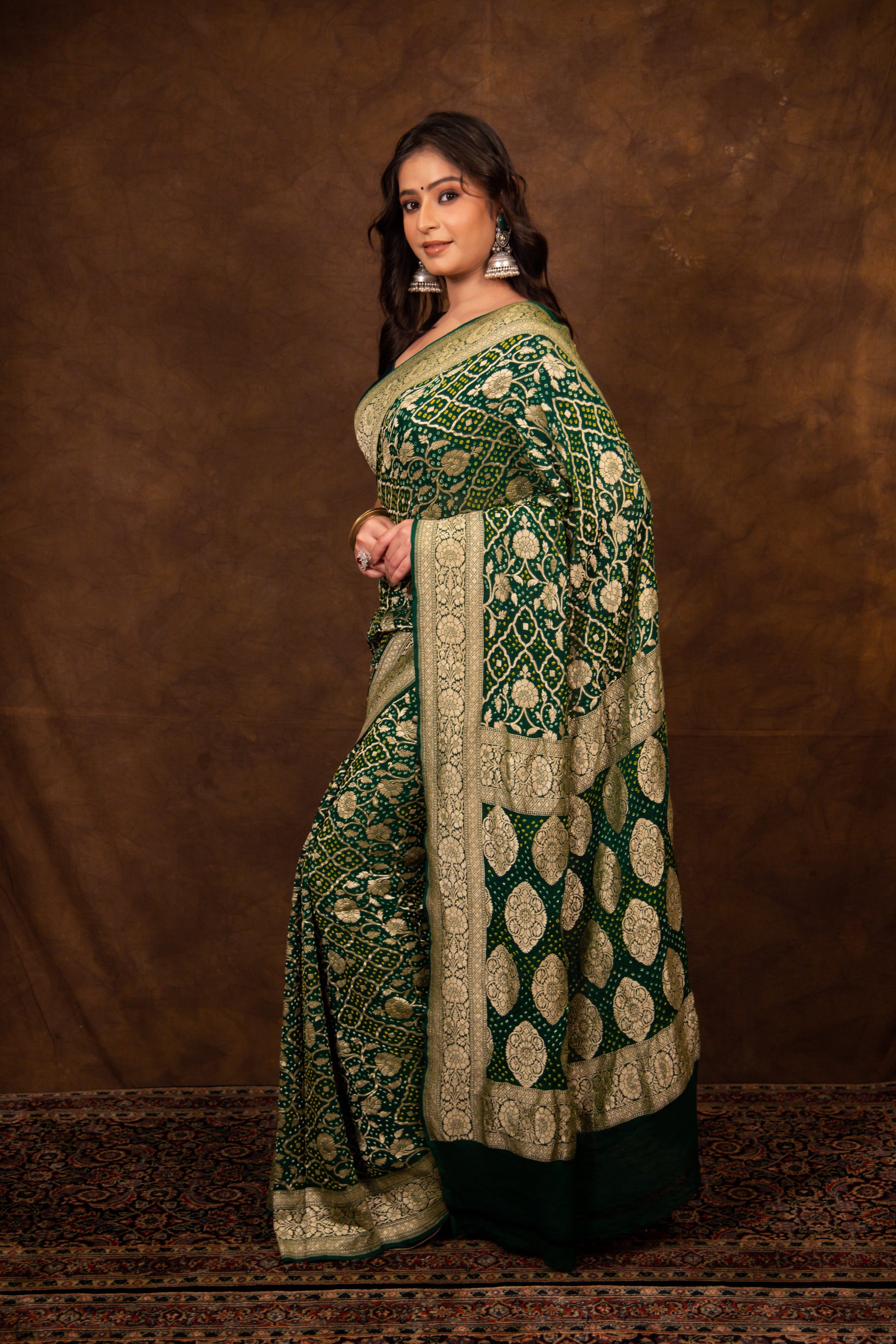 Green Saree Georgette Silk Bandhani - Panaya