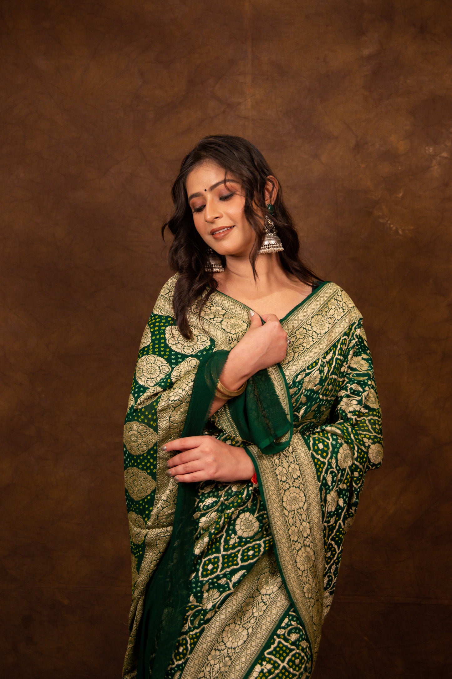 Green Saree Georgette Silk Bandhani - Panaya