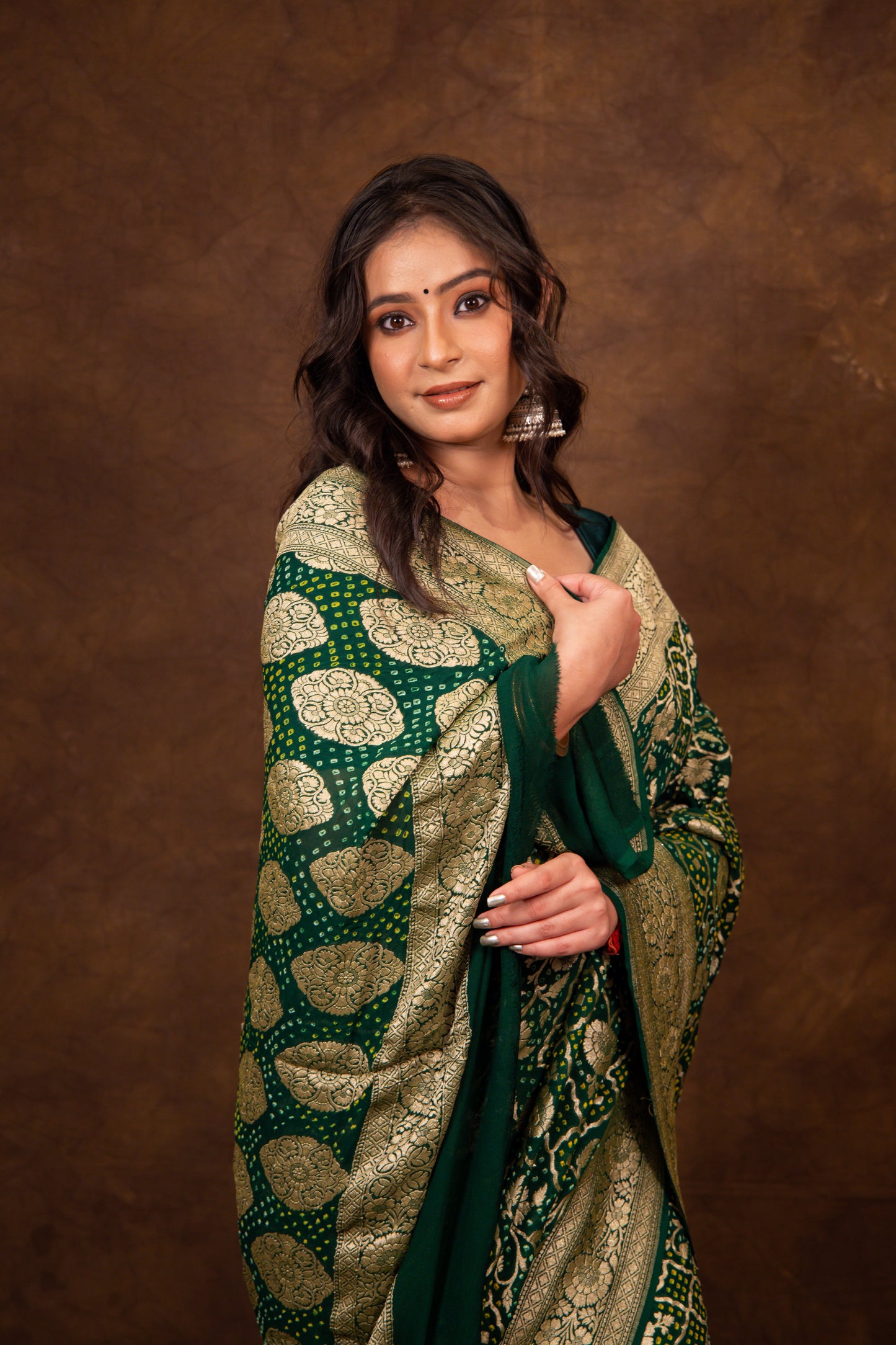 Green Saree Georgette Silk Bandhani - Panaya