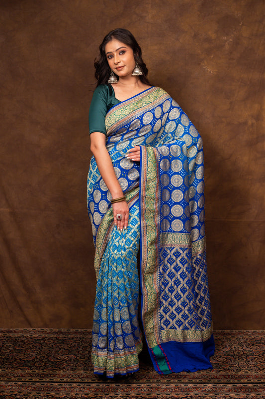 Blue Saree Georgette Silk Bandhani - Panaya