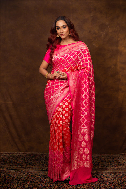 Red Saree Georgette Silk Bandhani - Panaya