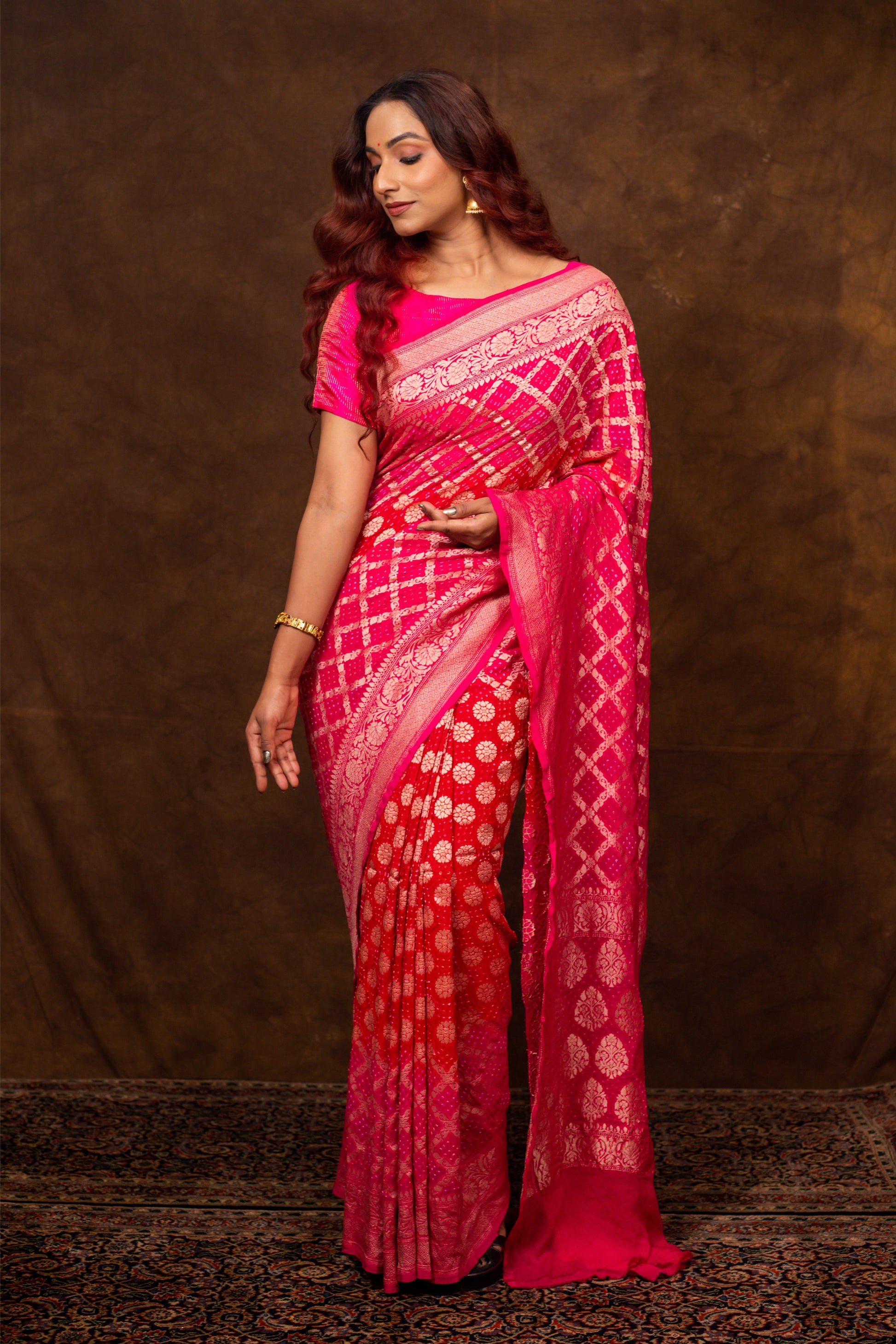 Red Saree Georgette Silk Bandhani - Panaya