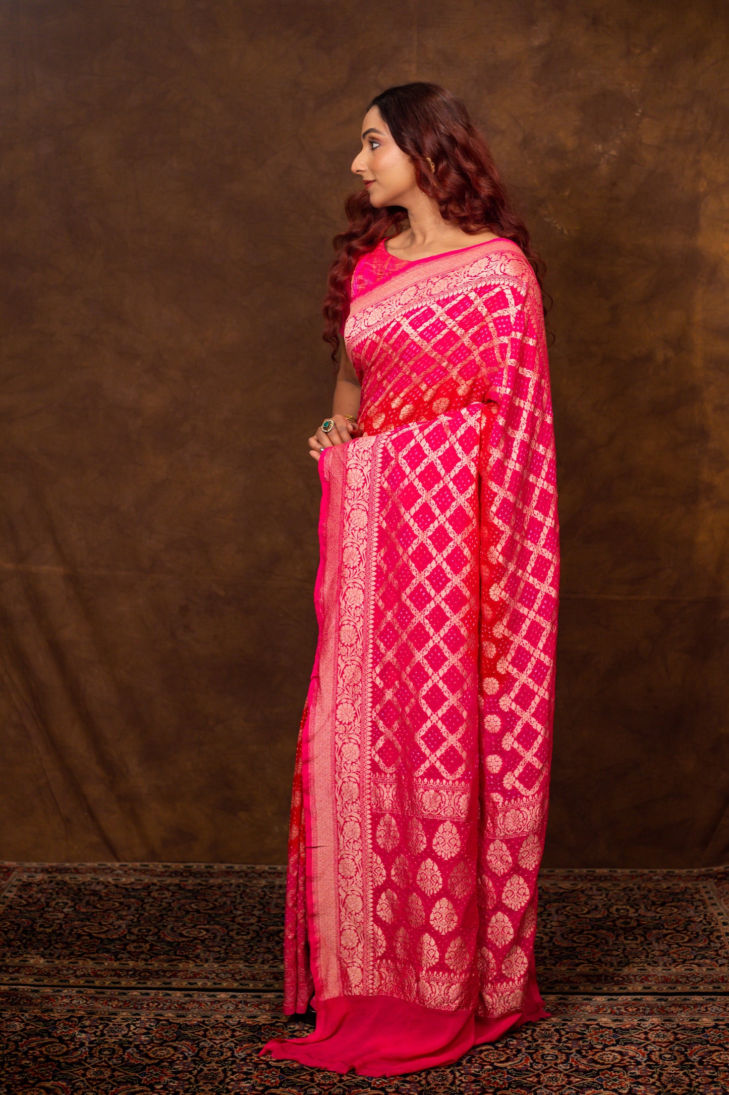 Red Saree Georgette Silk Bandhani - Panaya