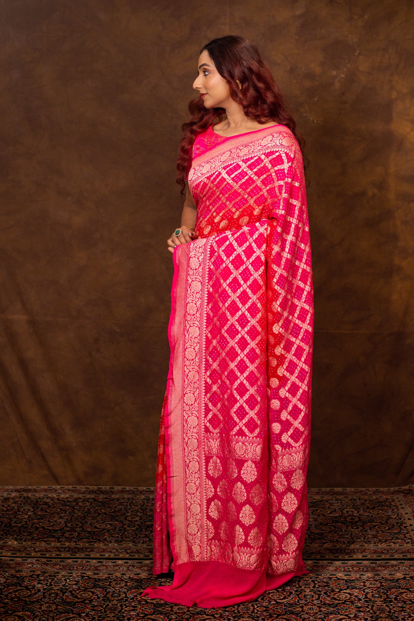 Red Saree Georgette Silk Bandhani - Panaya