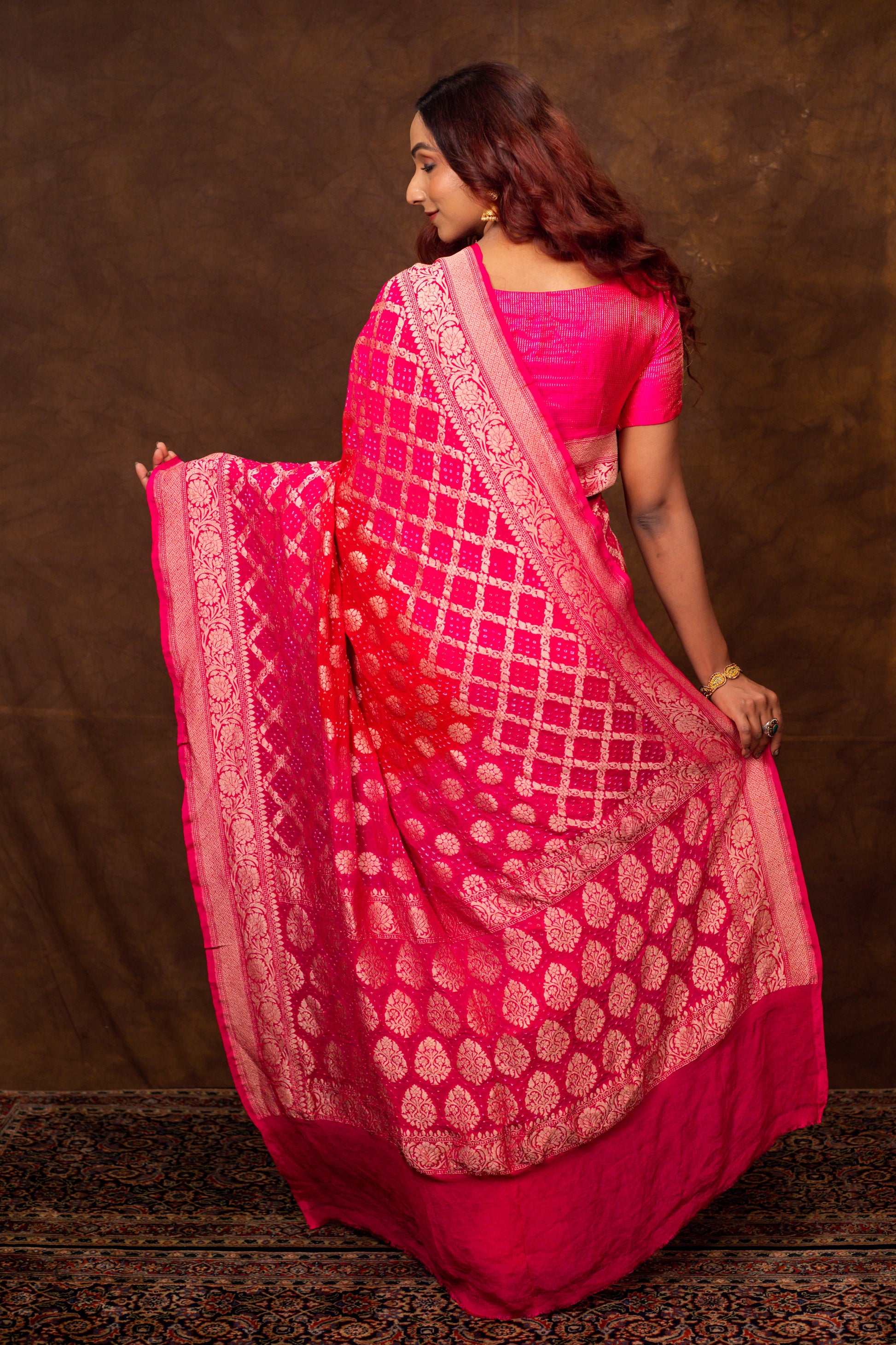 Red Saree Georgette Silk Bandhani - Panaya