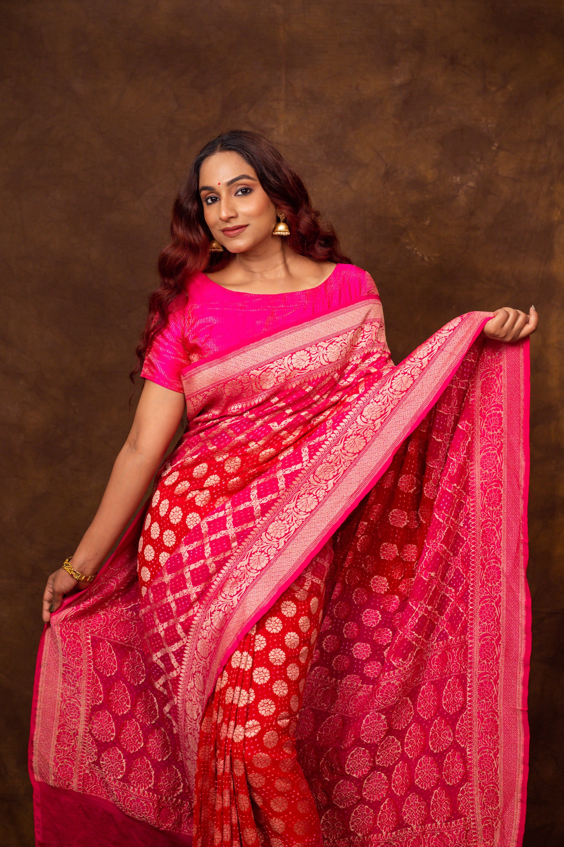 Red Saree Georgette Silk Bandhani - Panaya