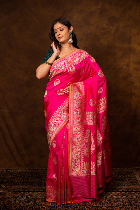 Pink Saree Katan Silk Handwoven - Panaya