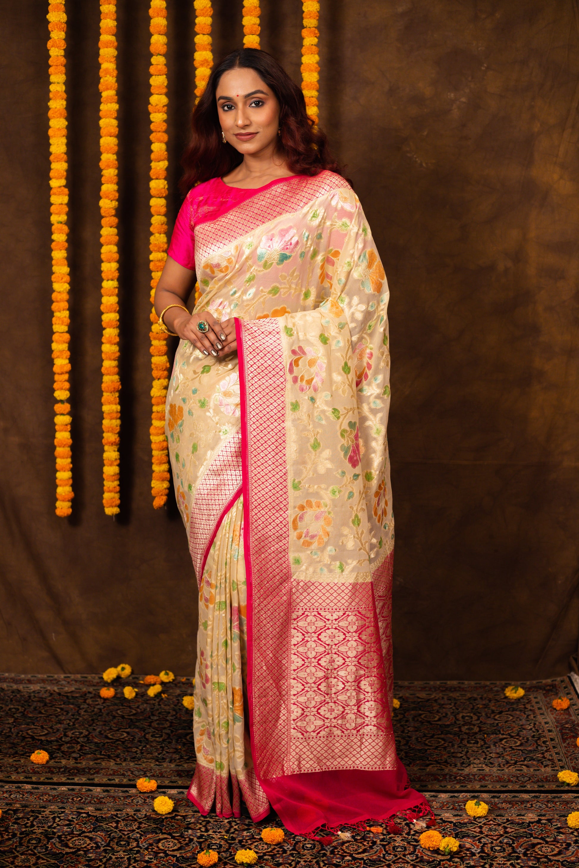 Beige Saree Georgette Khaddi Silk - Panaya