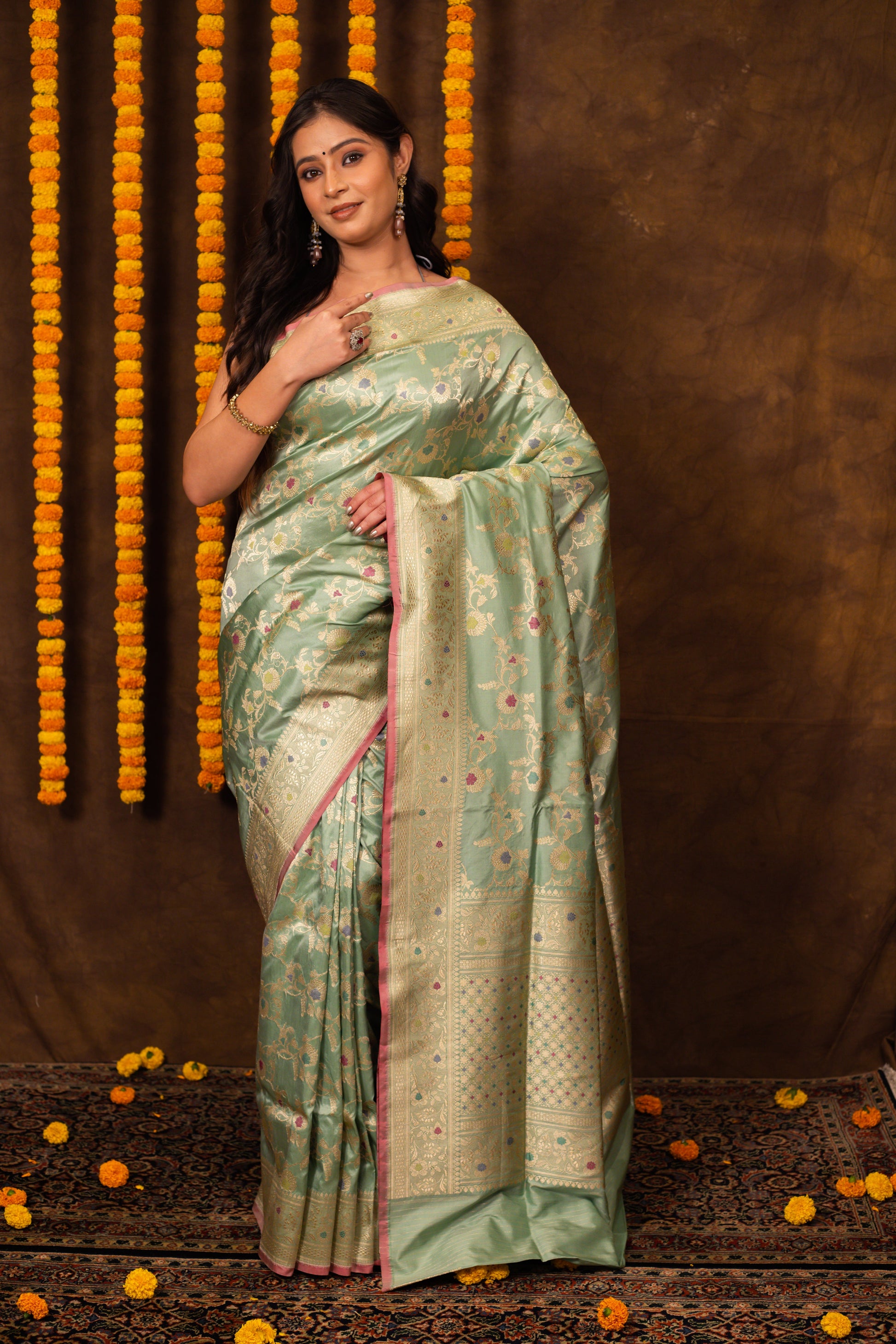 Light Green Saree Katan Silk Handwoven - Panaya