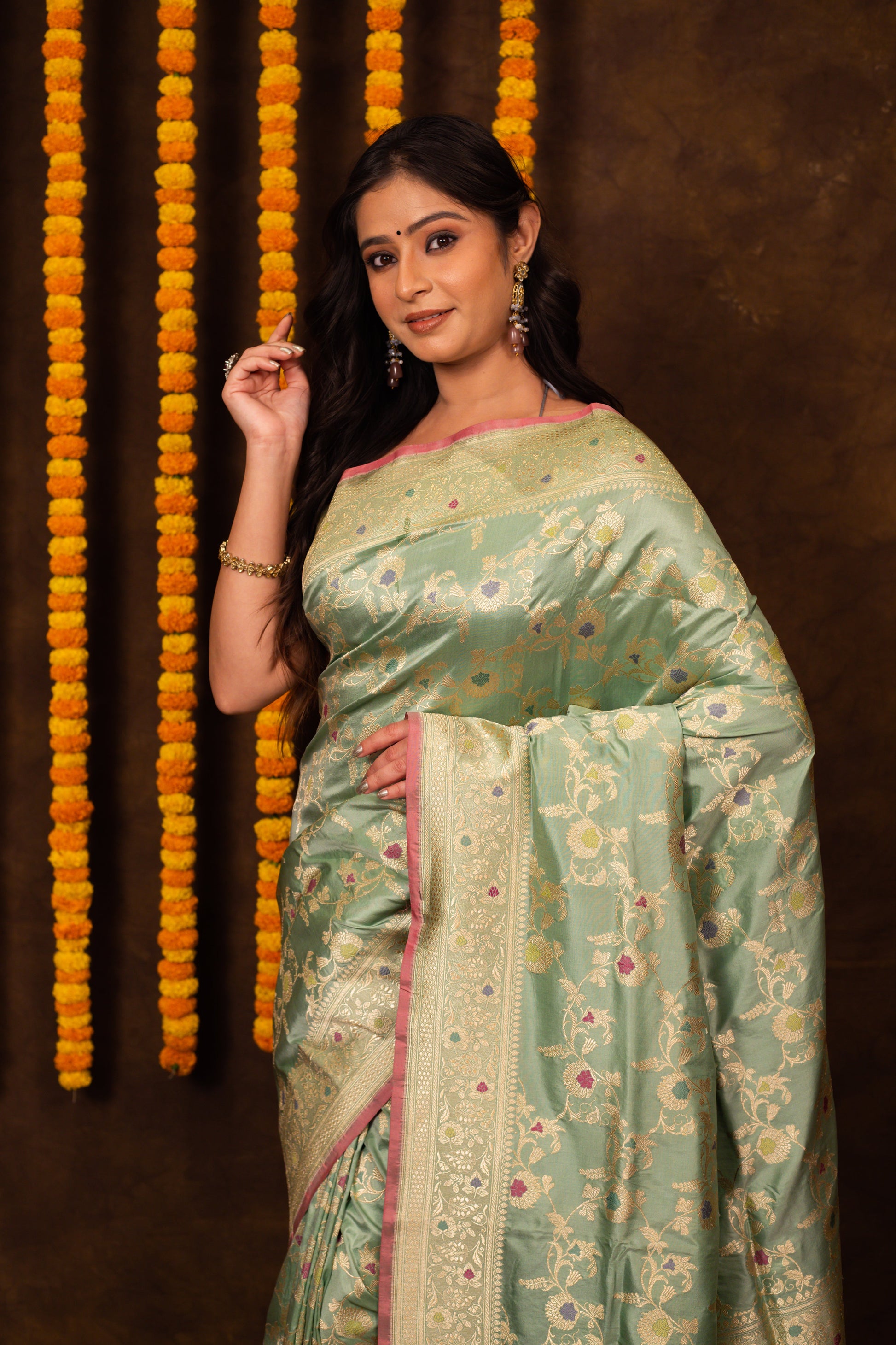 Light Green Saree Katan Silk Handwoven - Panaya