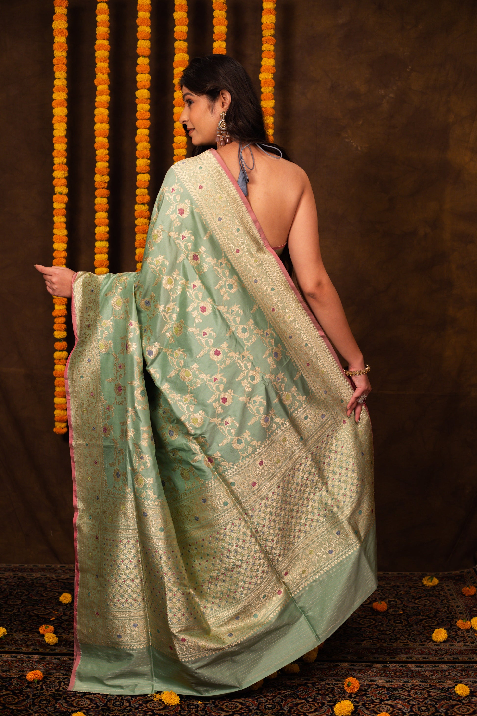 Light Green Saree Katan Silk Handwoven - Panaya