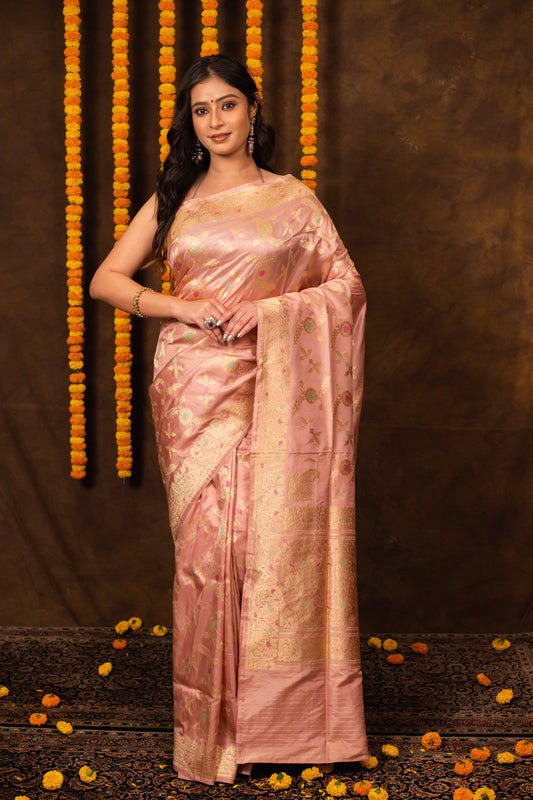 Peach Saree Katan Silk Handwoven - Panaya