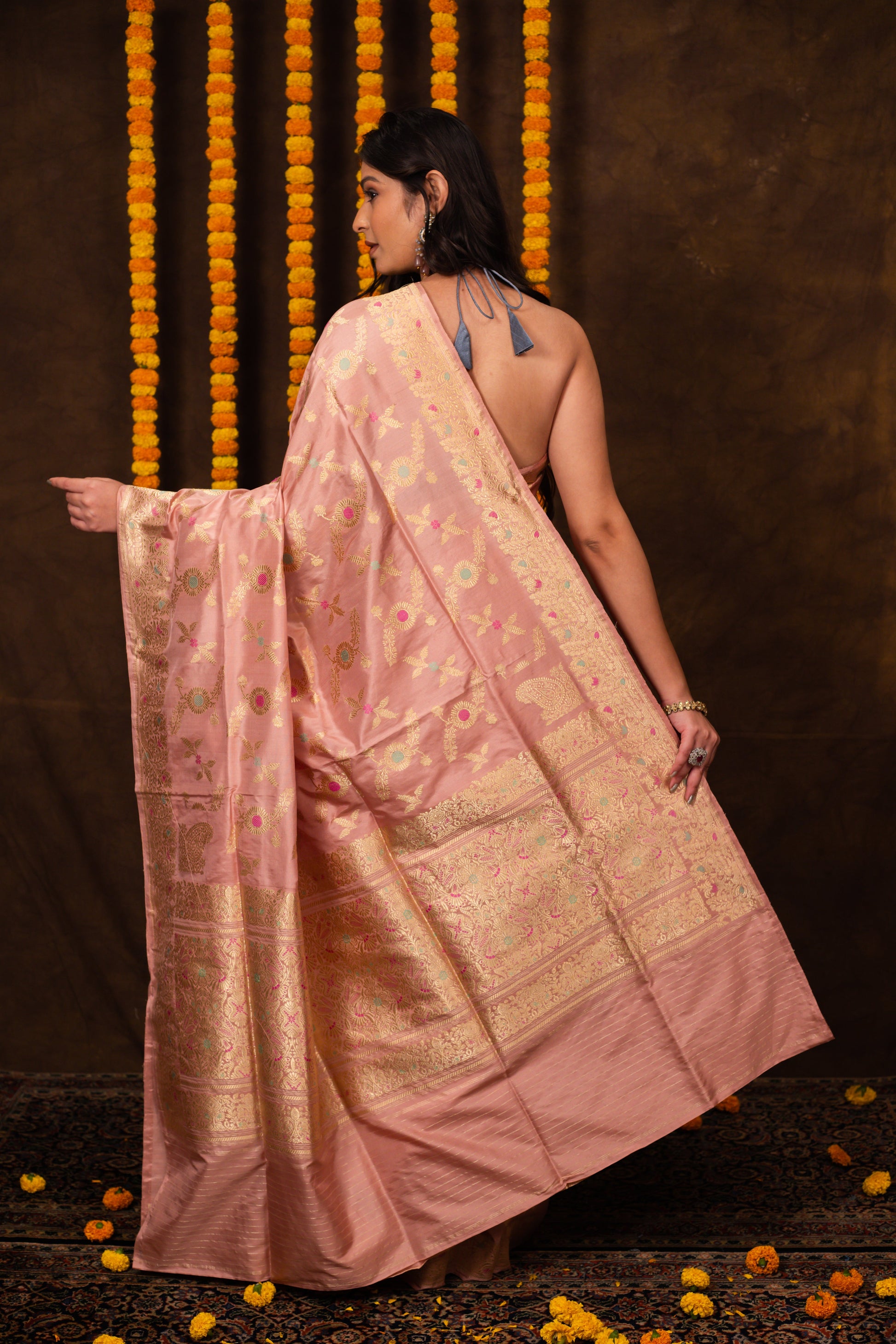 Peach Saree Katan Silk Handwoven - Panaya