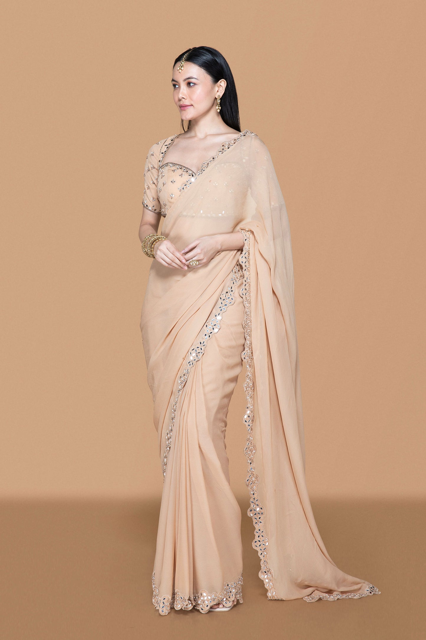 Fawn Mirror Work Pre Drape Saree With Blouse