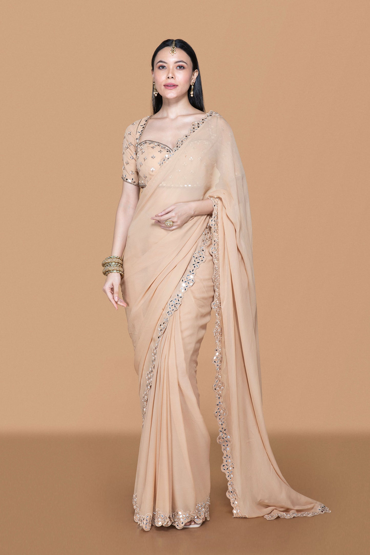 Fawn Mirror Work Pre Drape Saree With Blouse