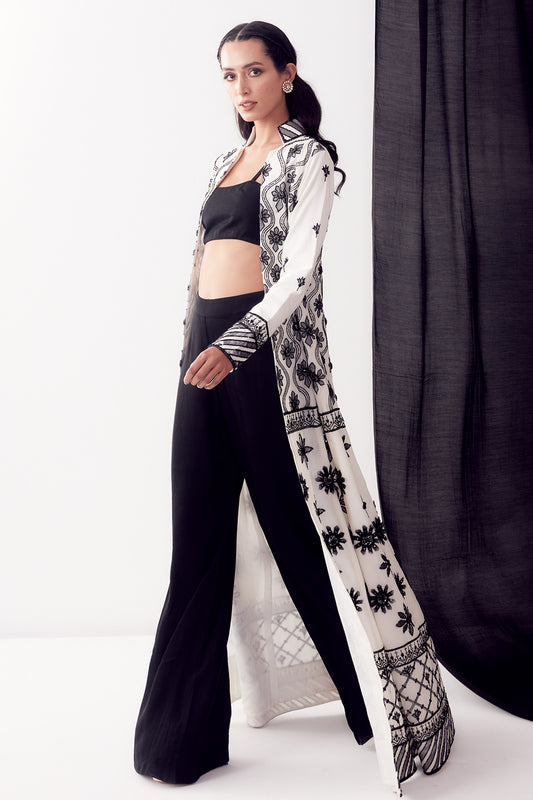 Black & White Applique Work Jacket Set - Aarambh