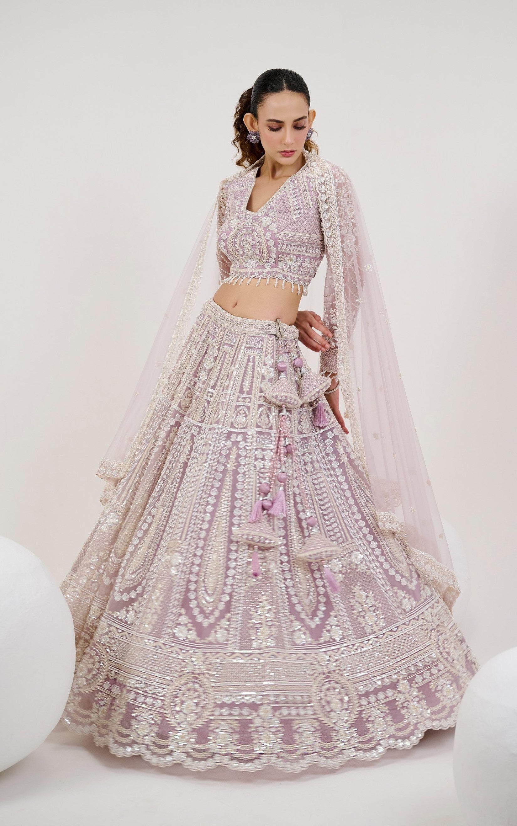 Lavender Sequins Embroidery Net Bridesmaid Lehenga Choli