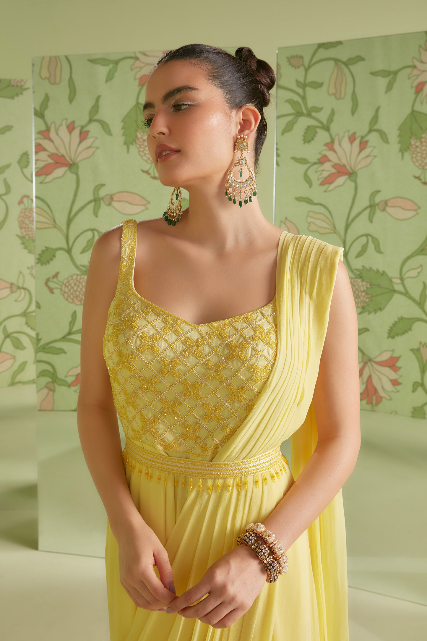 Daffodil Yellow Georgette 3D Geometrical Embroidery Jumpsuit Saree