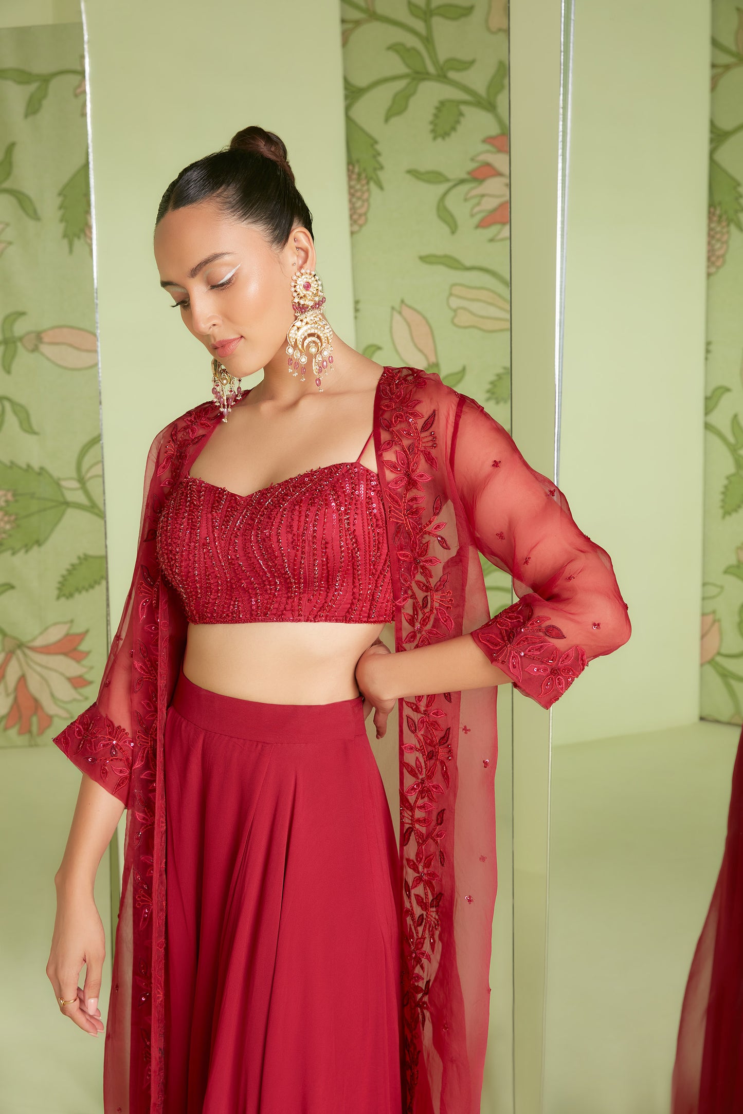 Cherry Red Heavily embroidered Hunar Indo-western Jacket Set