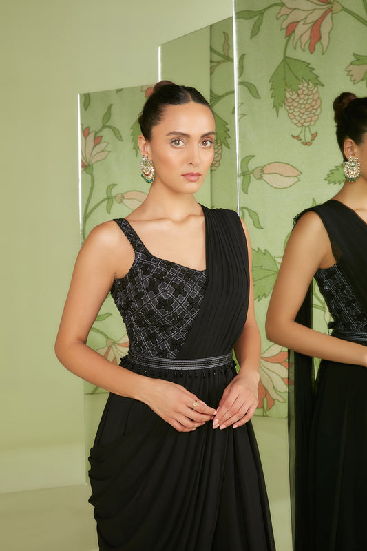Black Georgette 3D Geometrical Embroidery Jumpsuit Saree