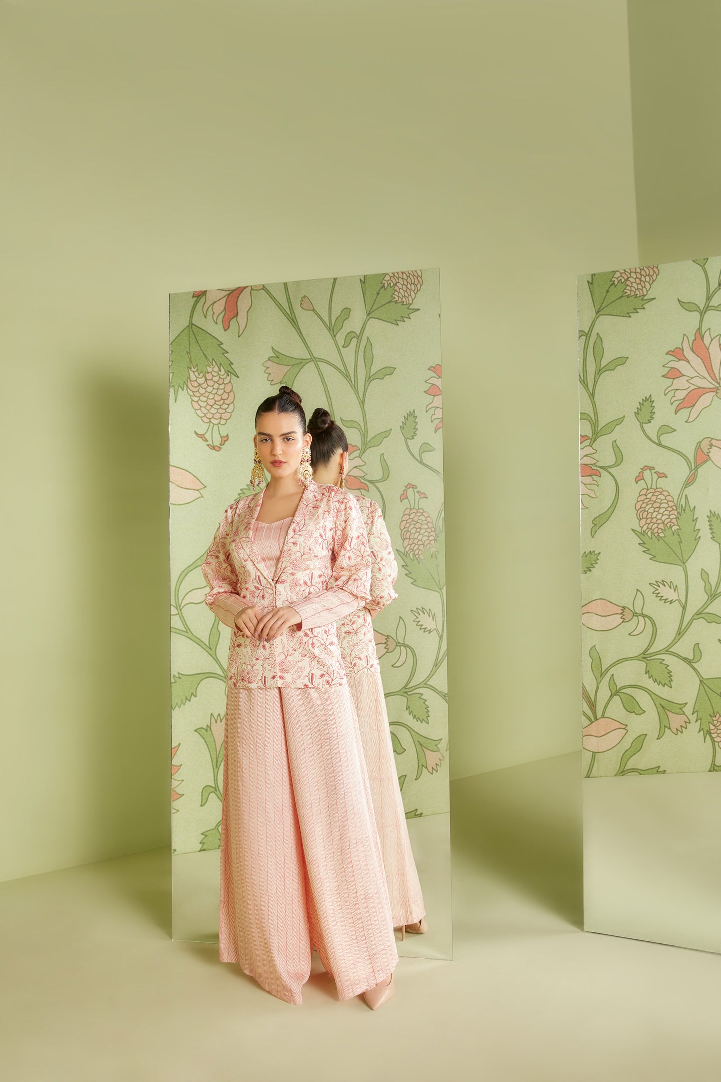 Pastel Pink Block Printed Satin Embellished Hunar jacket set