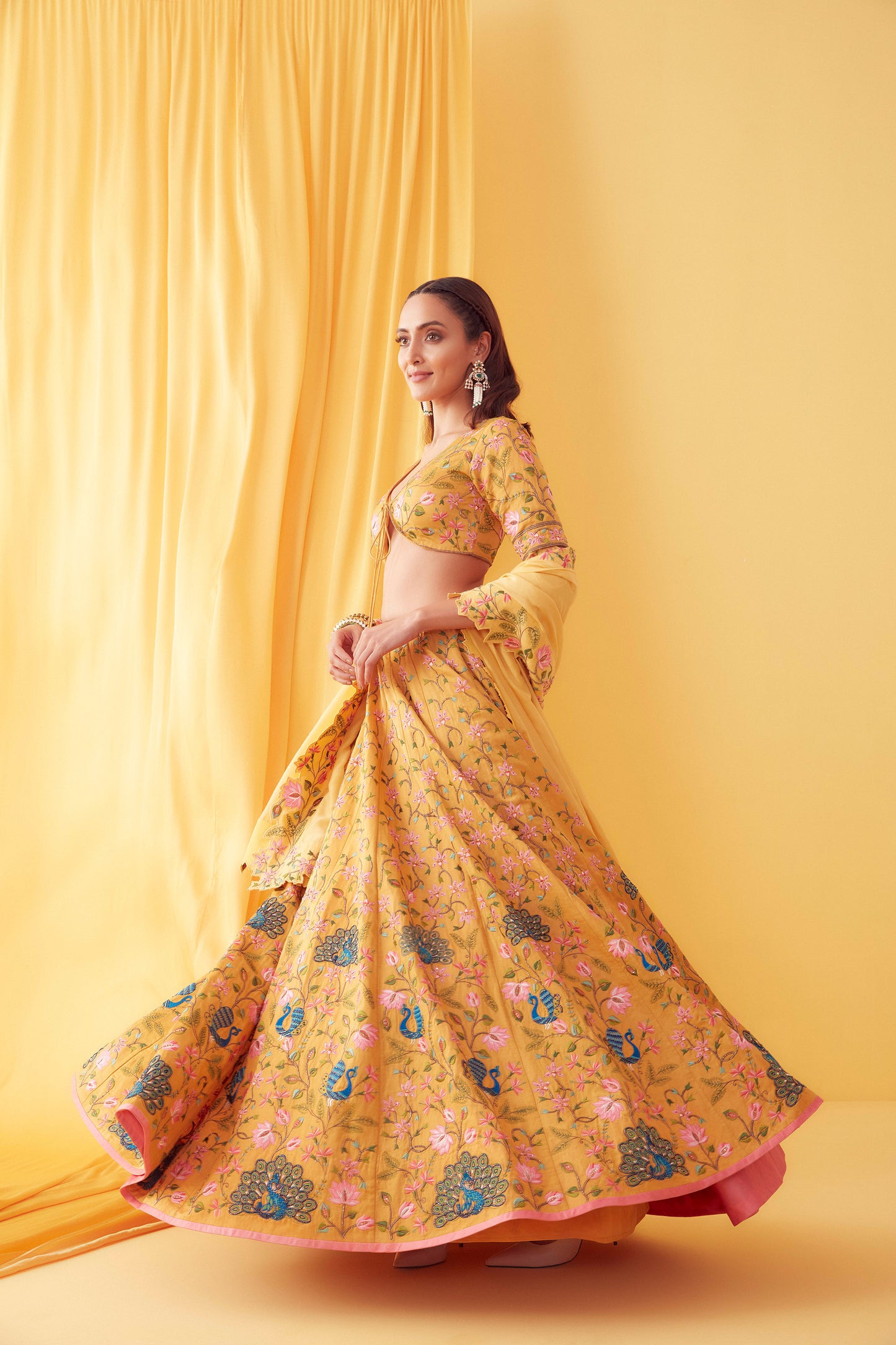 Mustard Peacocks In Lotus Garden Lehenga Set - Aarambh