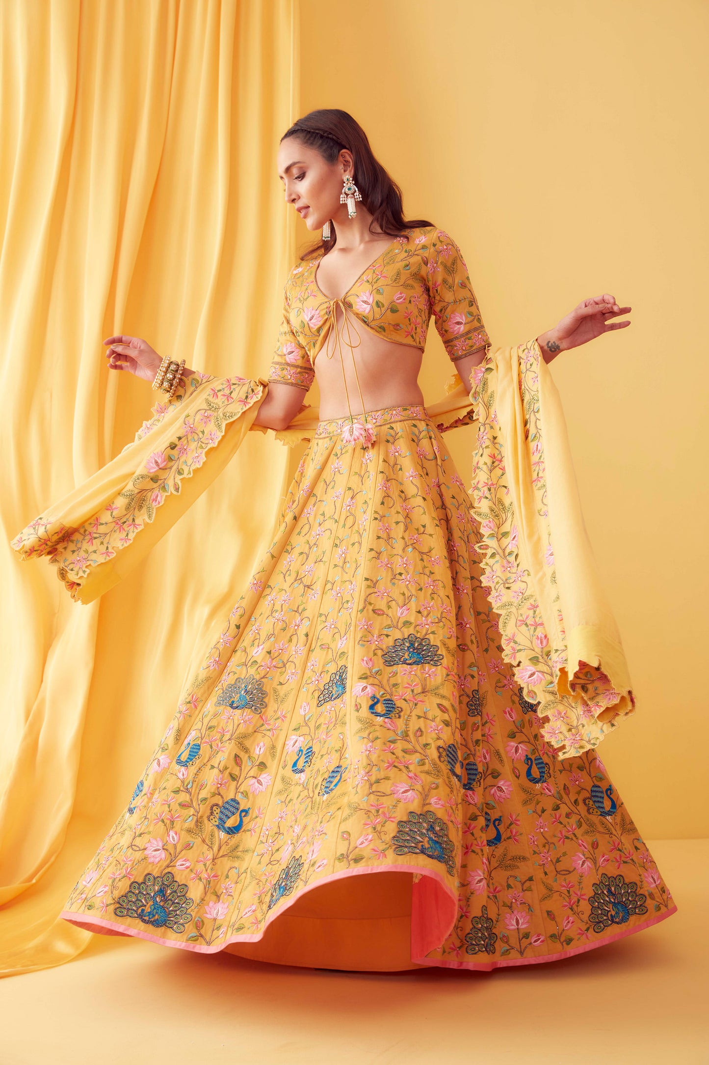 Mustard Peacocks In Lotus Garden Lehenga Set - Aarambh