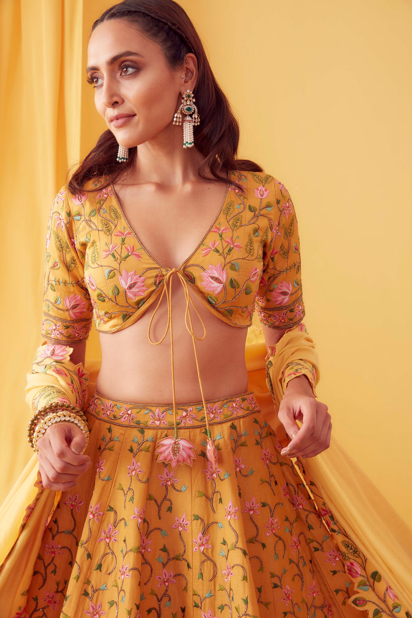 Mustard Peacocks In Lotus Garden Lehenga Set - Aarambh