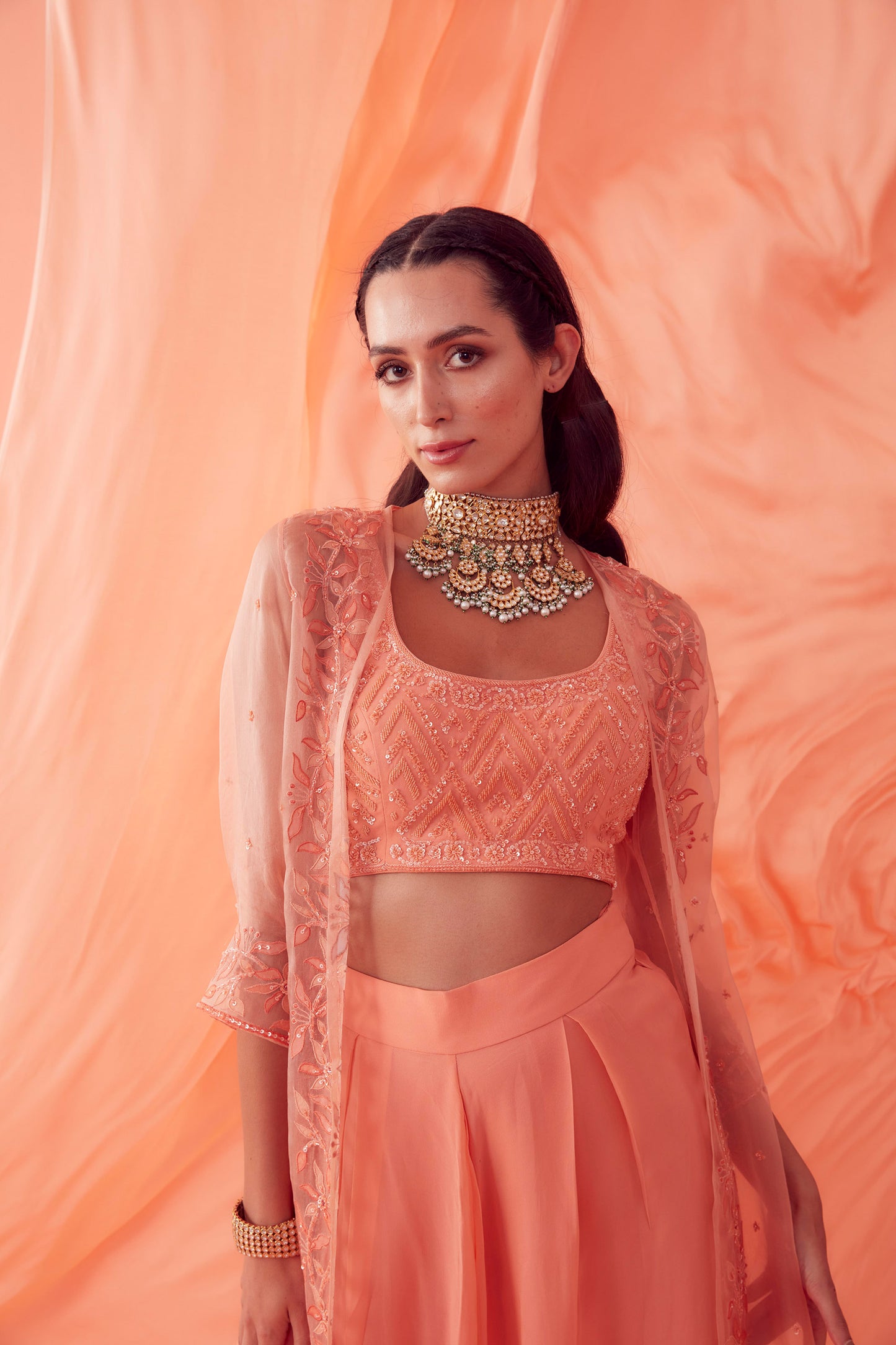 Peach Applique Organza Jacket Set - Aarambh