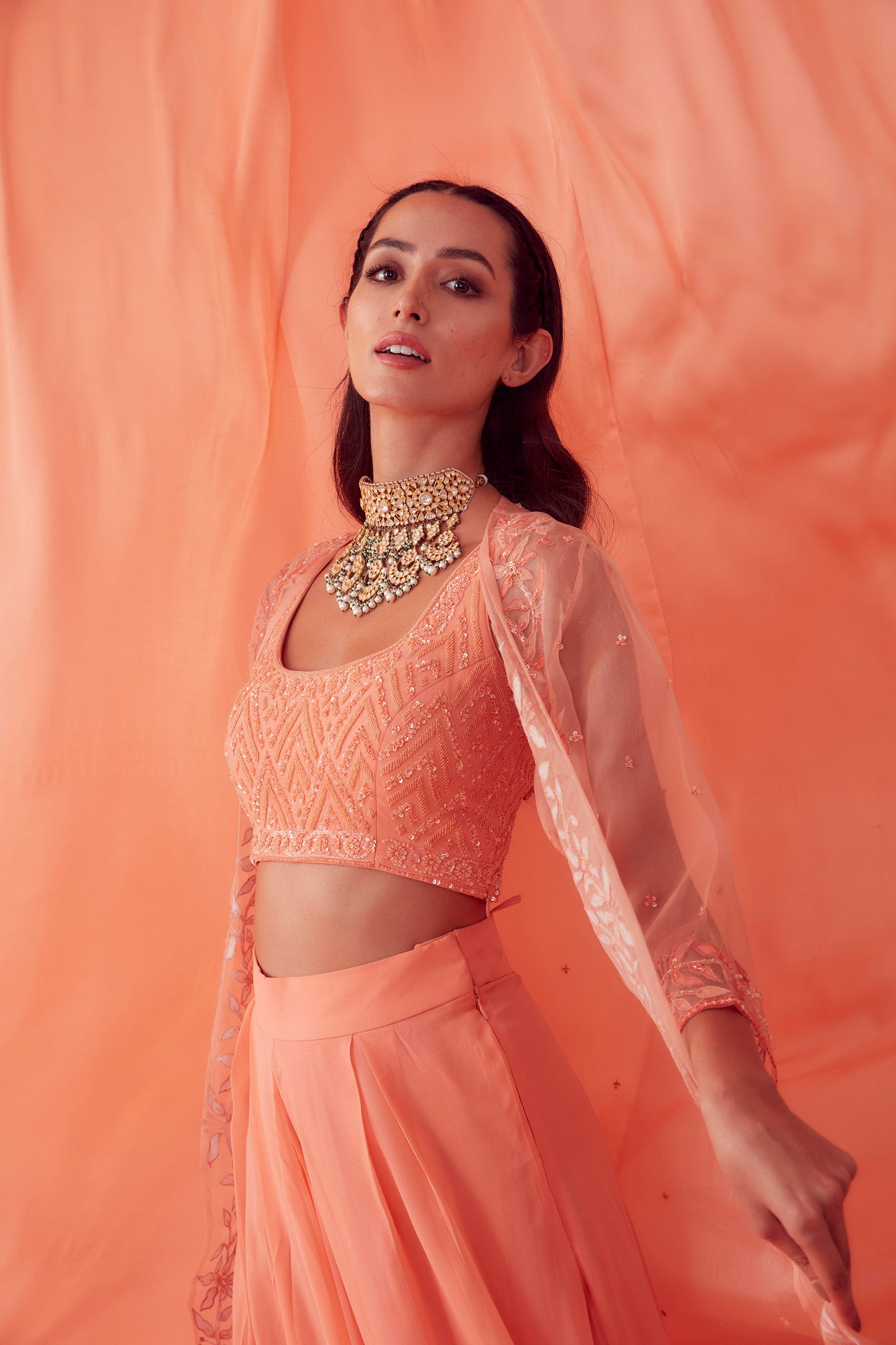 Peach Applique Organza Jacket Set - Aarambh