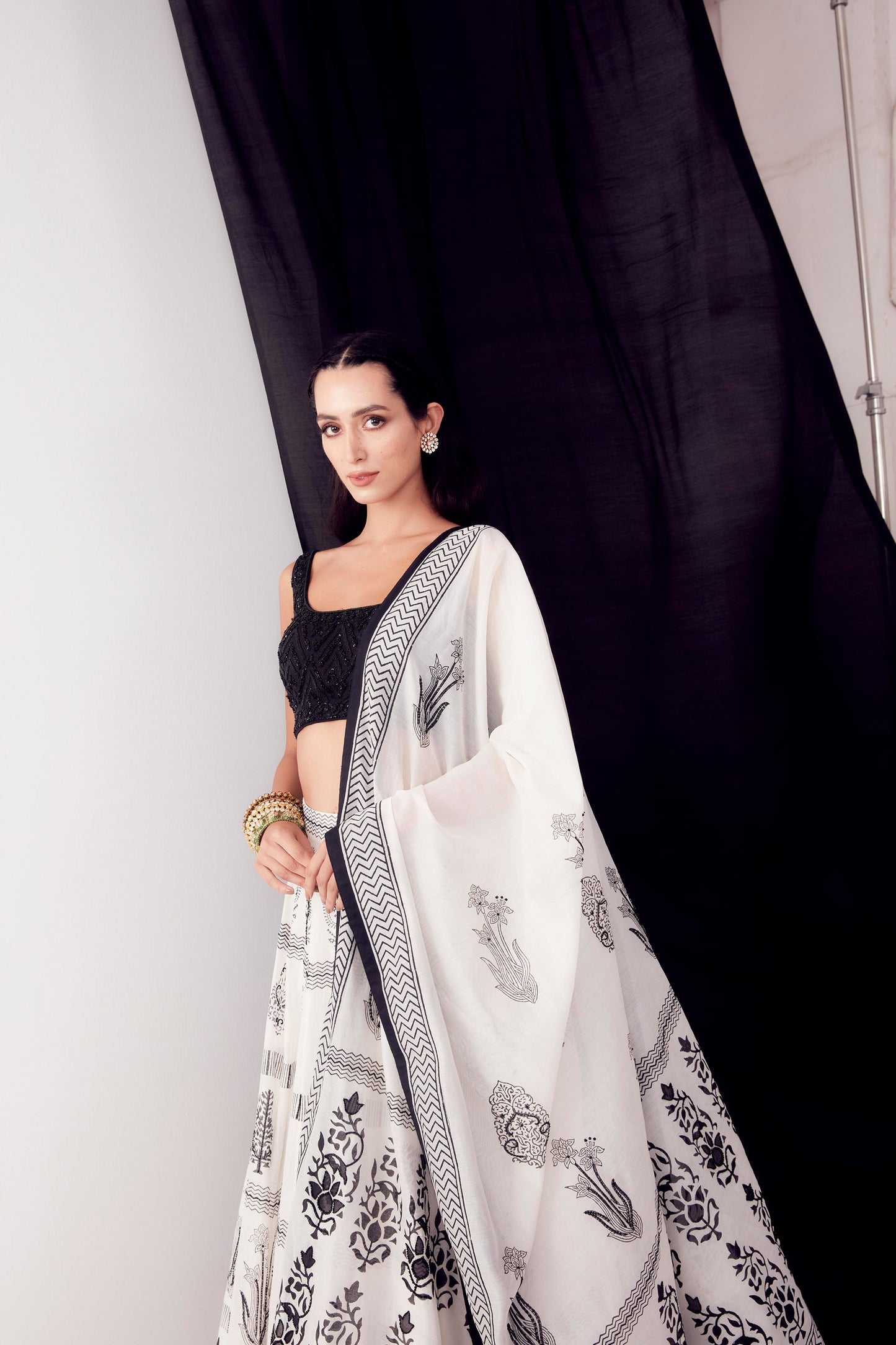 Black & White Block Printed Lehenga - Aarambh