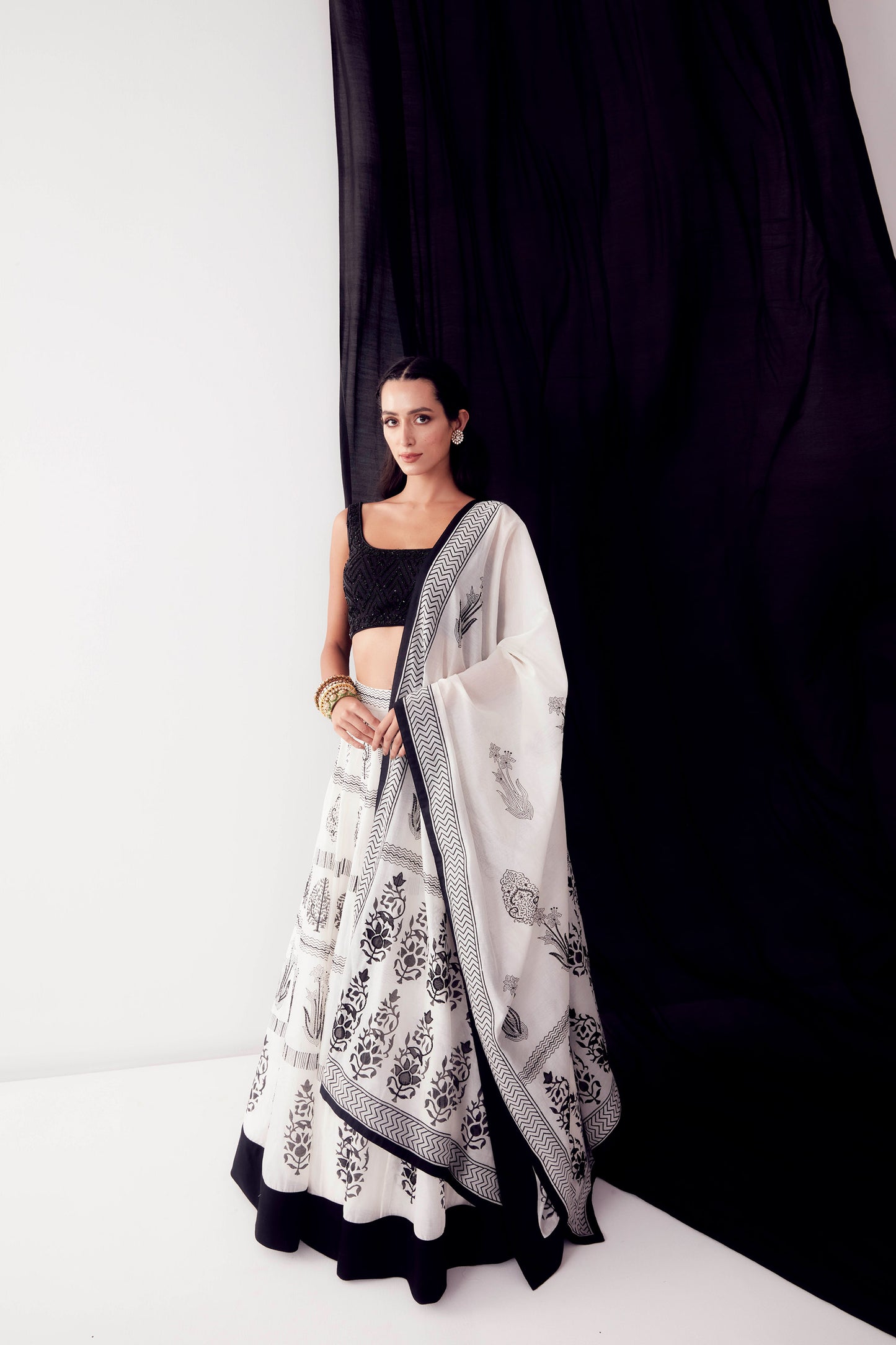 Black & White Block Printed Lehenga - Aarambh