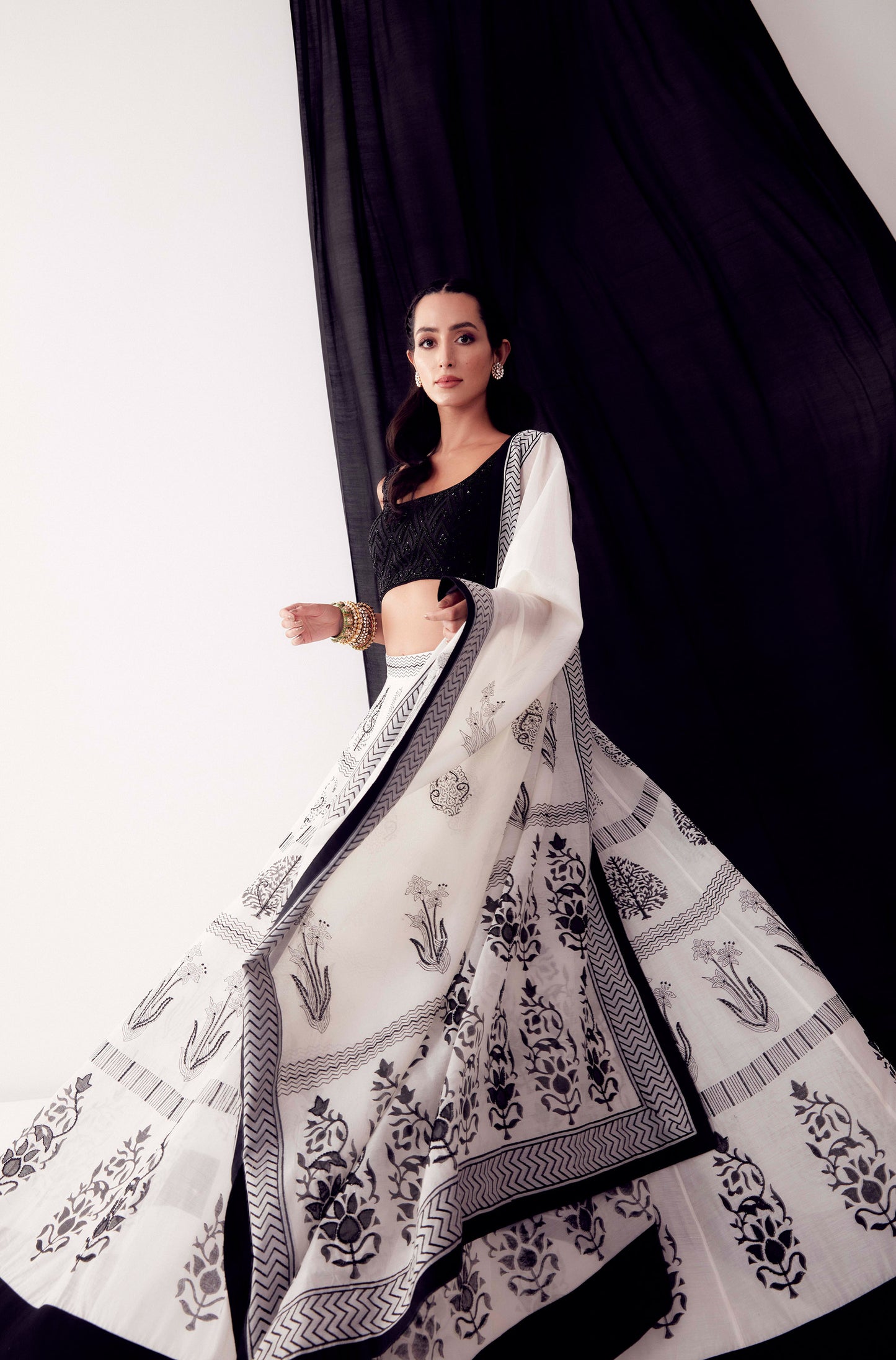 Black & White Block Printed Lehenga - Aarambh