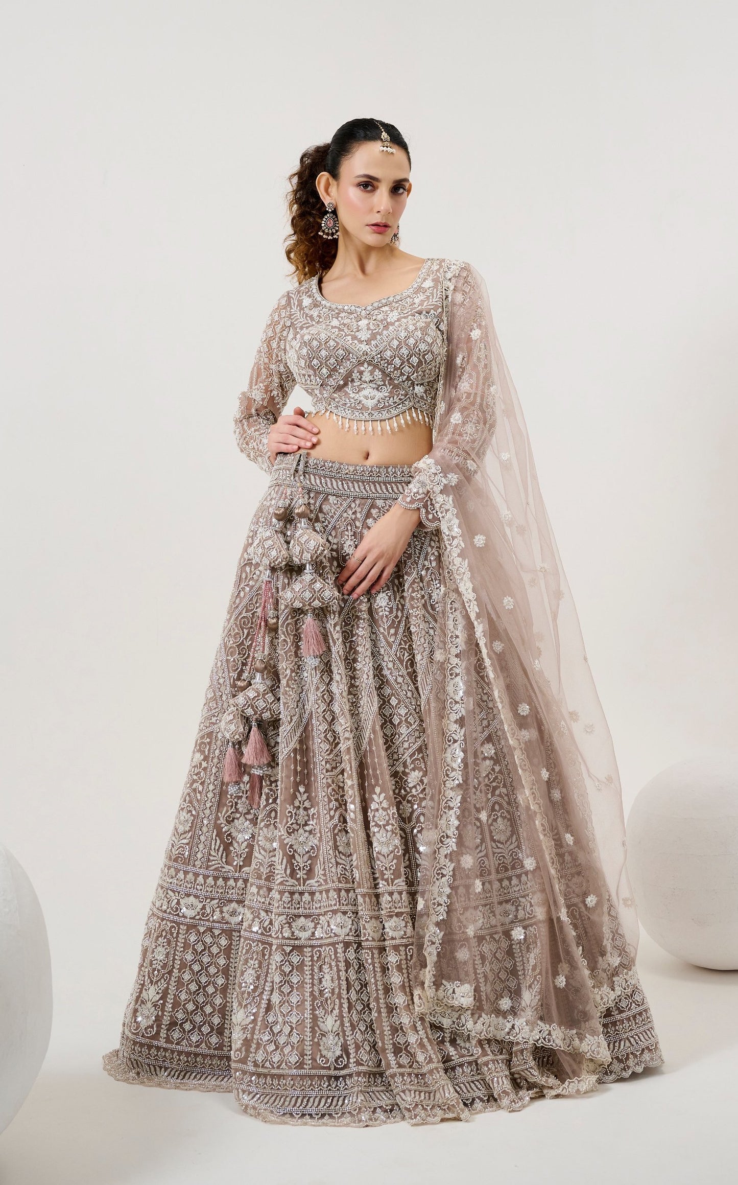 Light Brown Embroidered Net Bridesmaid Lehenga Choli