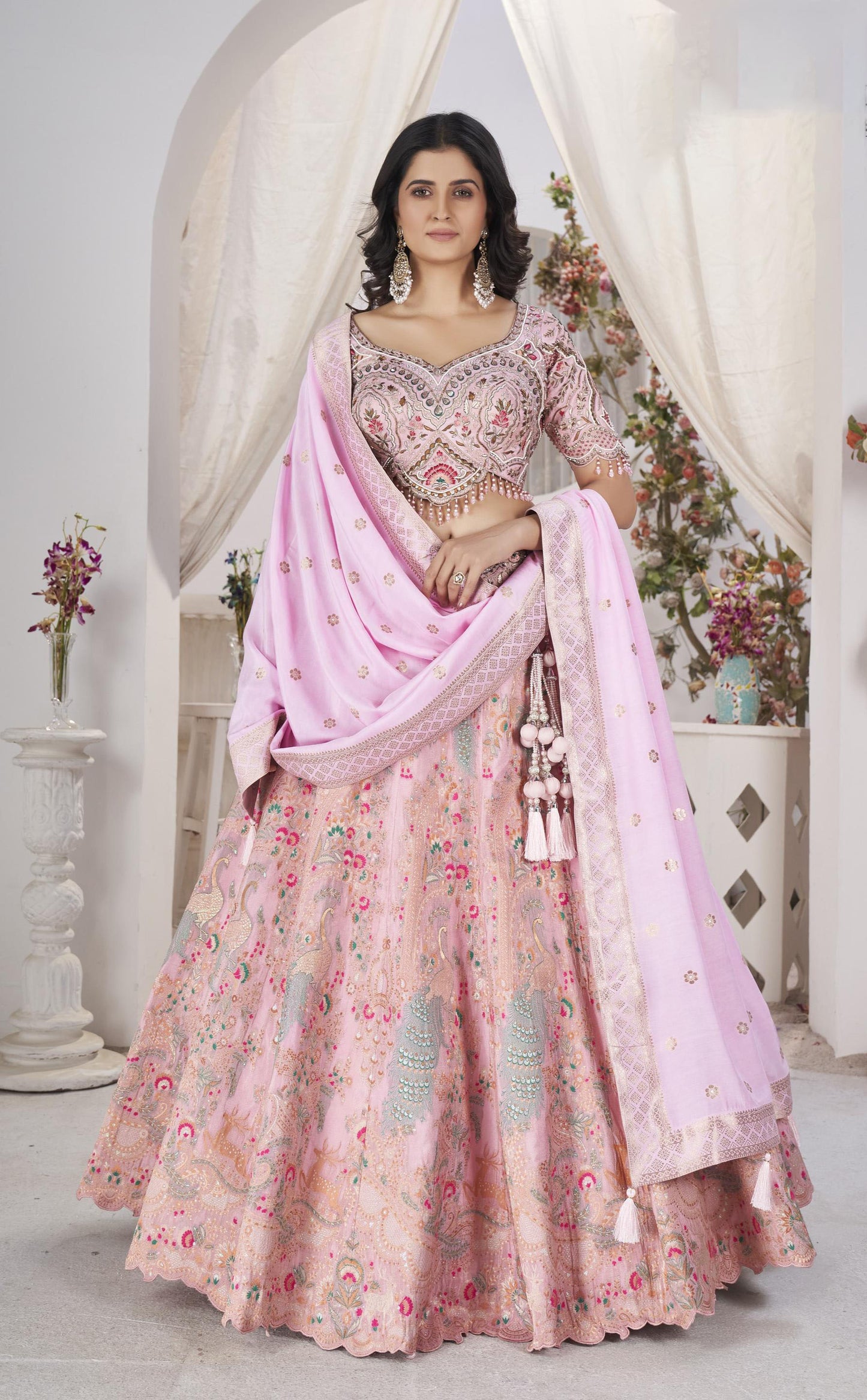 Light Pink Sequins Embroidered Jacquard Lehenga Choli