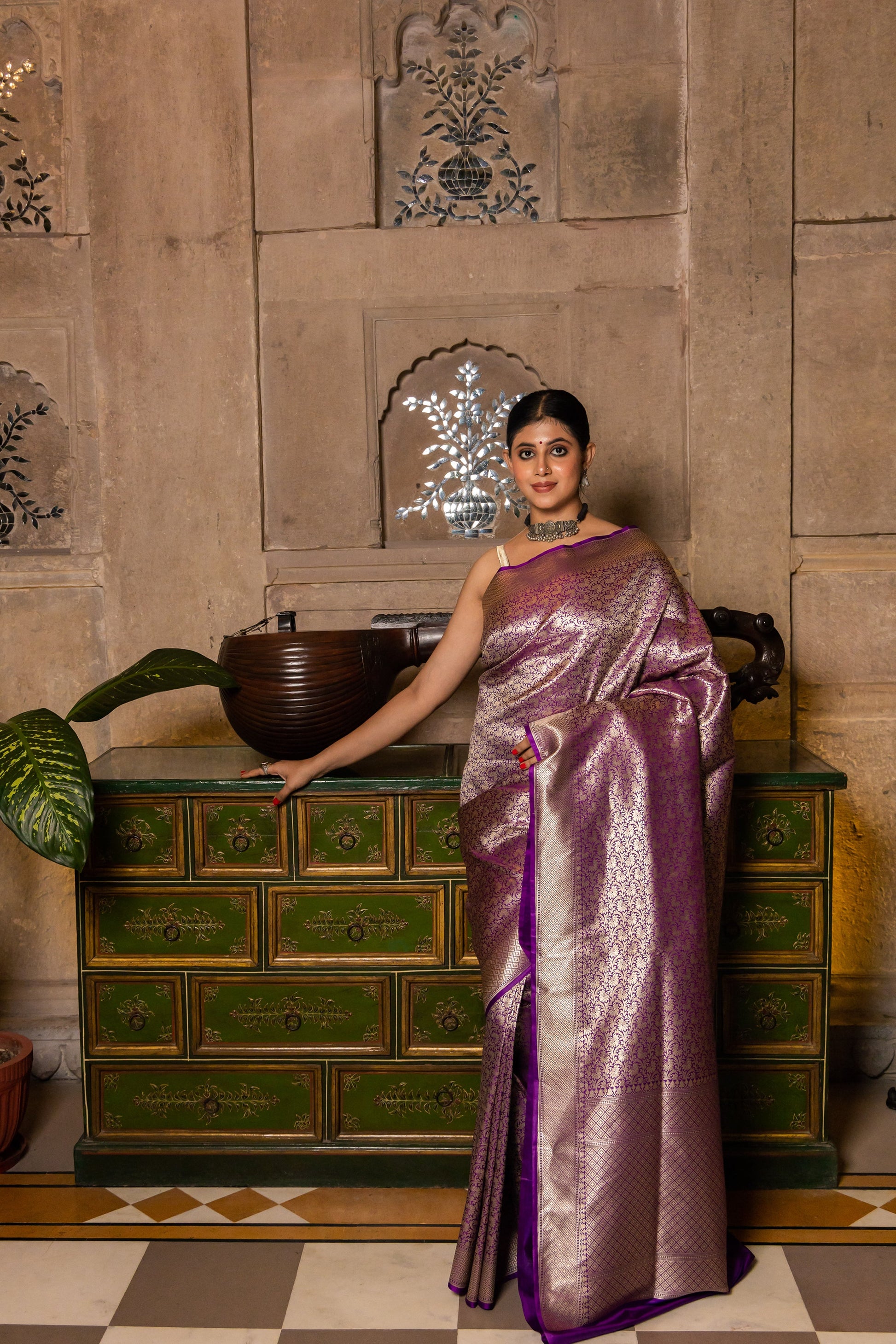 Purple Handwoven Brocade Katan Silk Saree - Panaya