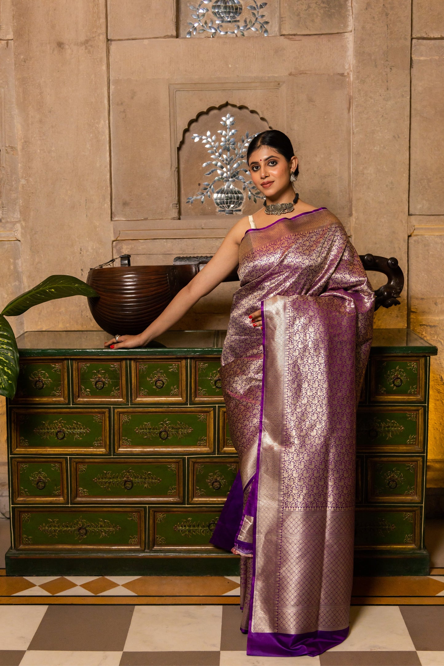 Purple Handwoven Brocade Katan Silk Saree - Panaya