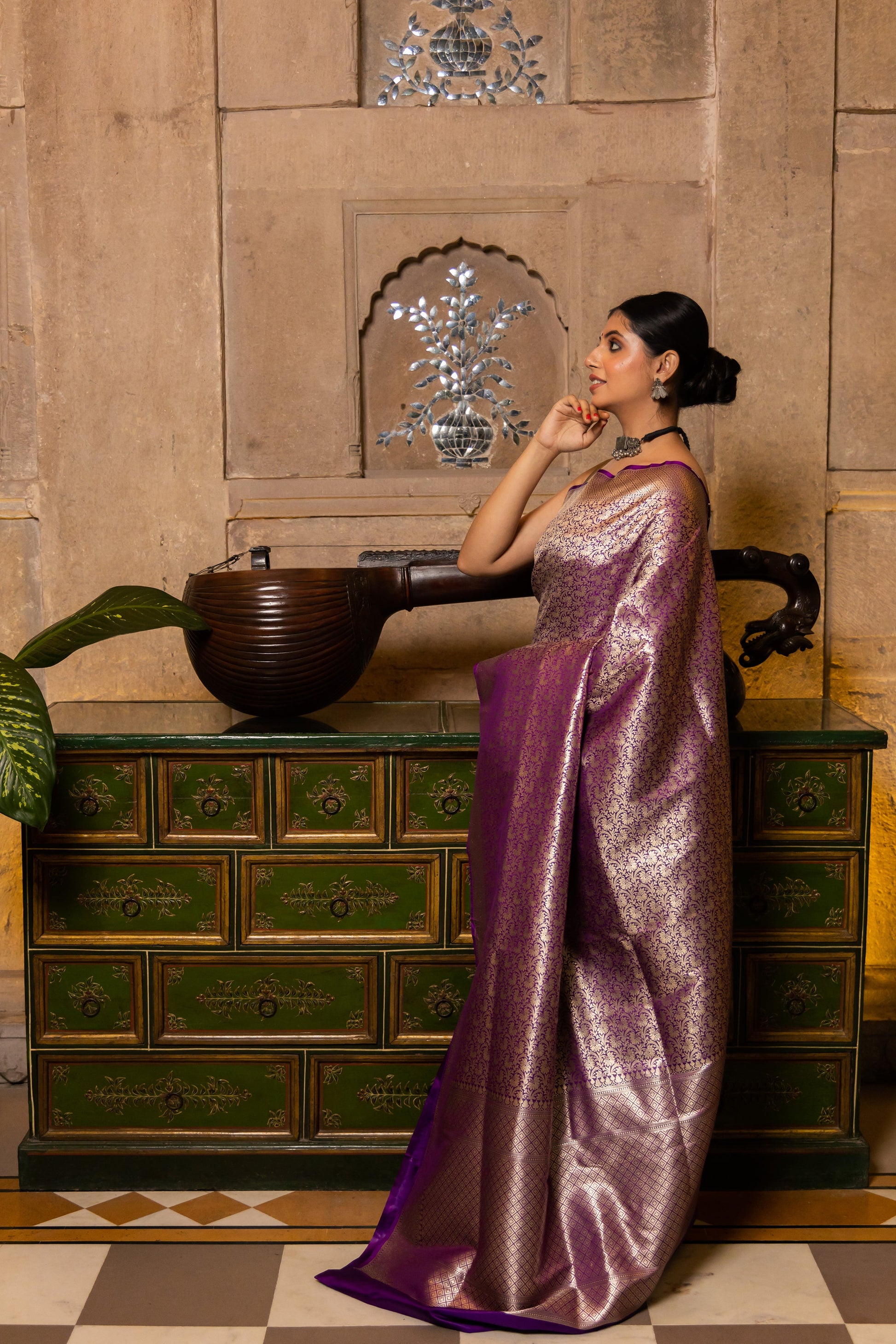 Purple Handwoven Brocade Katan Silk Saree - Panaya