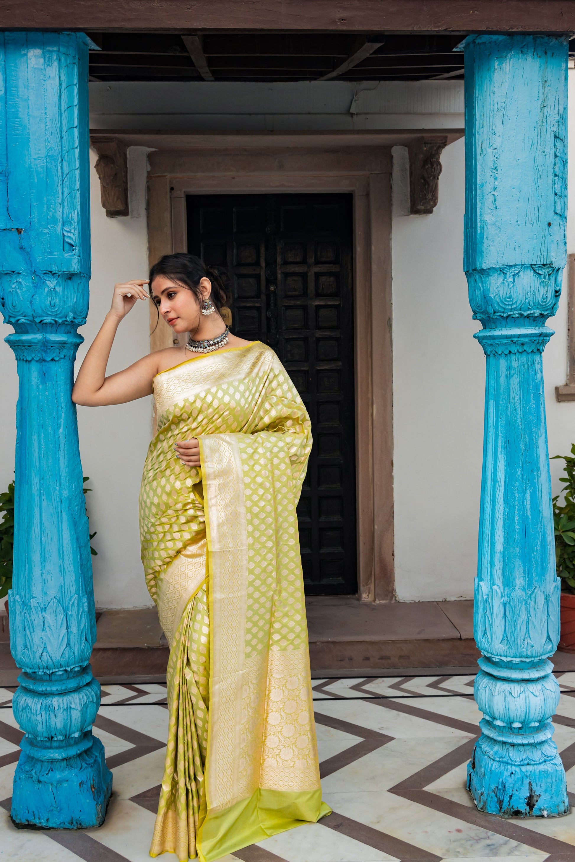 Pista Green Handwoven Cutwork Katan Silk Saree - Panaya