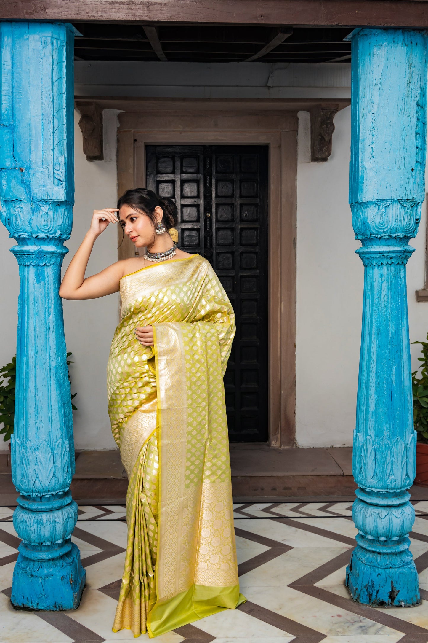 Pista Green Handwoven Cutwork Katan Silk Saree - Panaya